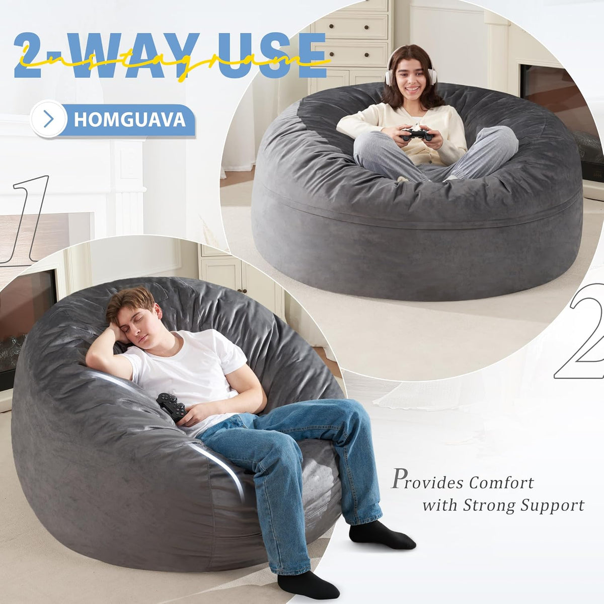 Homguava 5FT Bean Bag Chair Giant BeanBag with Memory Foam Filled, Comfy Bean Bag Chairs for Adults, Adult Bean Bag Chair with Dutch Velvet Cover for Living Room Bedroom-Grey