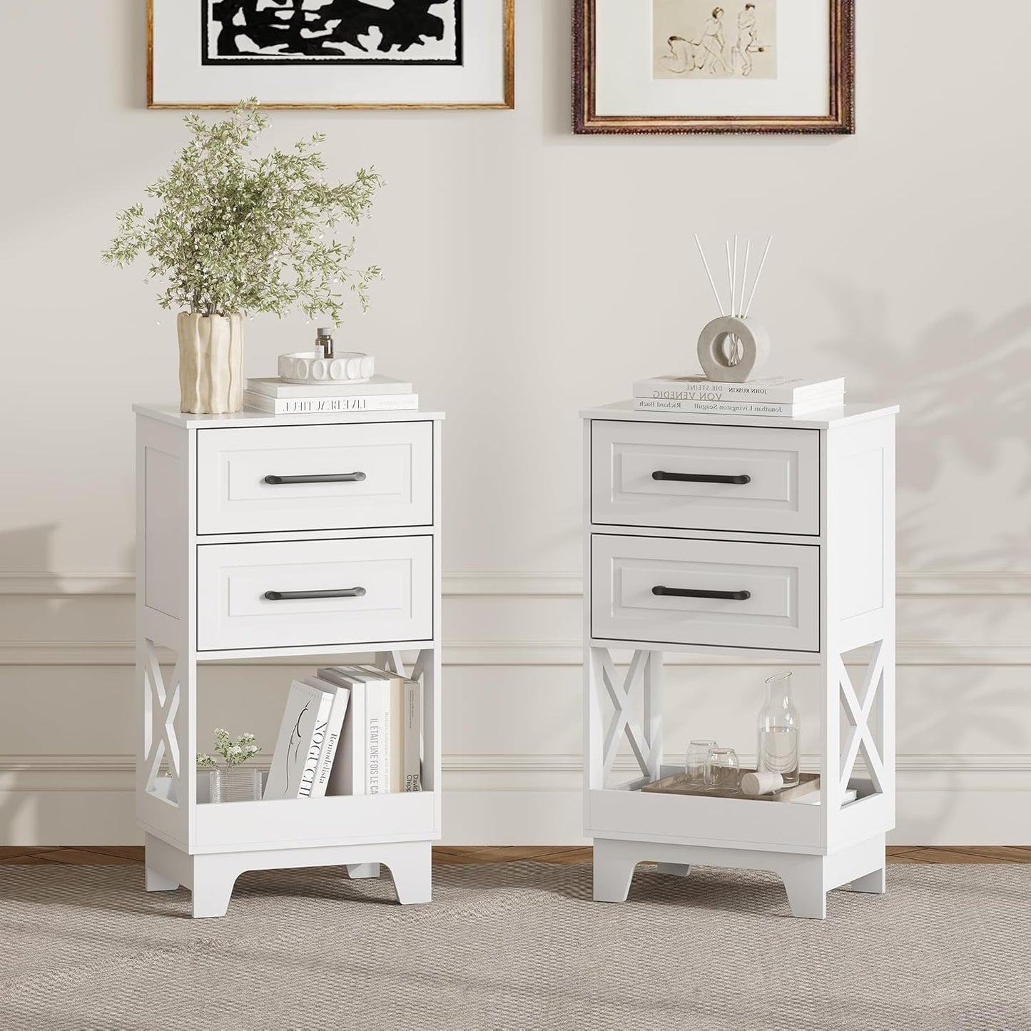 Tall Nightstand Set of 2 Side Table with 2 Drawers Modern Night Stand Wooden End Table Bedside Table with Below Open Shelf Solid Feet for Bedroom, Living Room, White