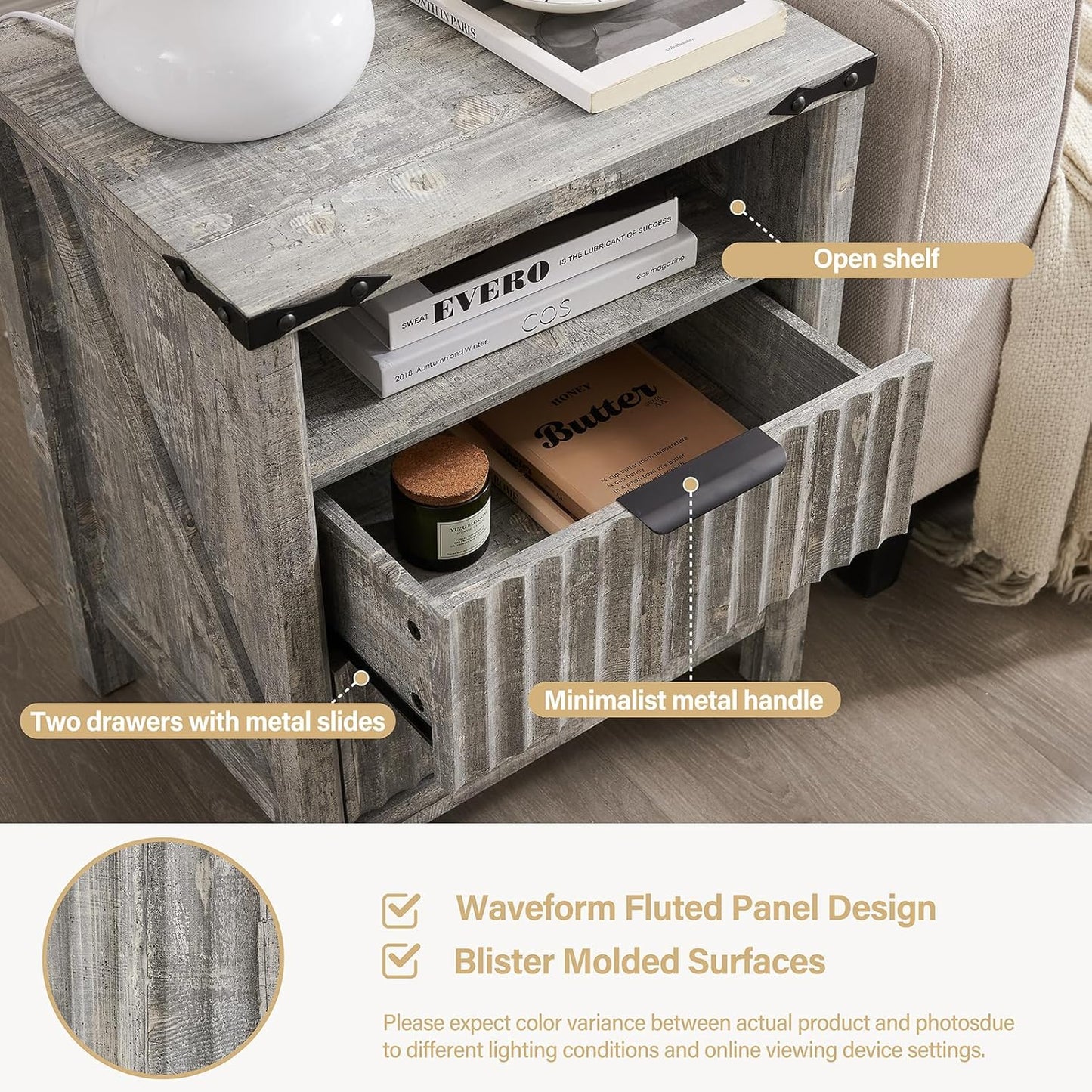 Grey Nightstand with Charging Station - 20 Inch Wide Farmhouse Fluted Bedside Table with 2 Drawers, Modern Wood End Side Table for Bedroom Study Storage Home