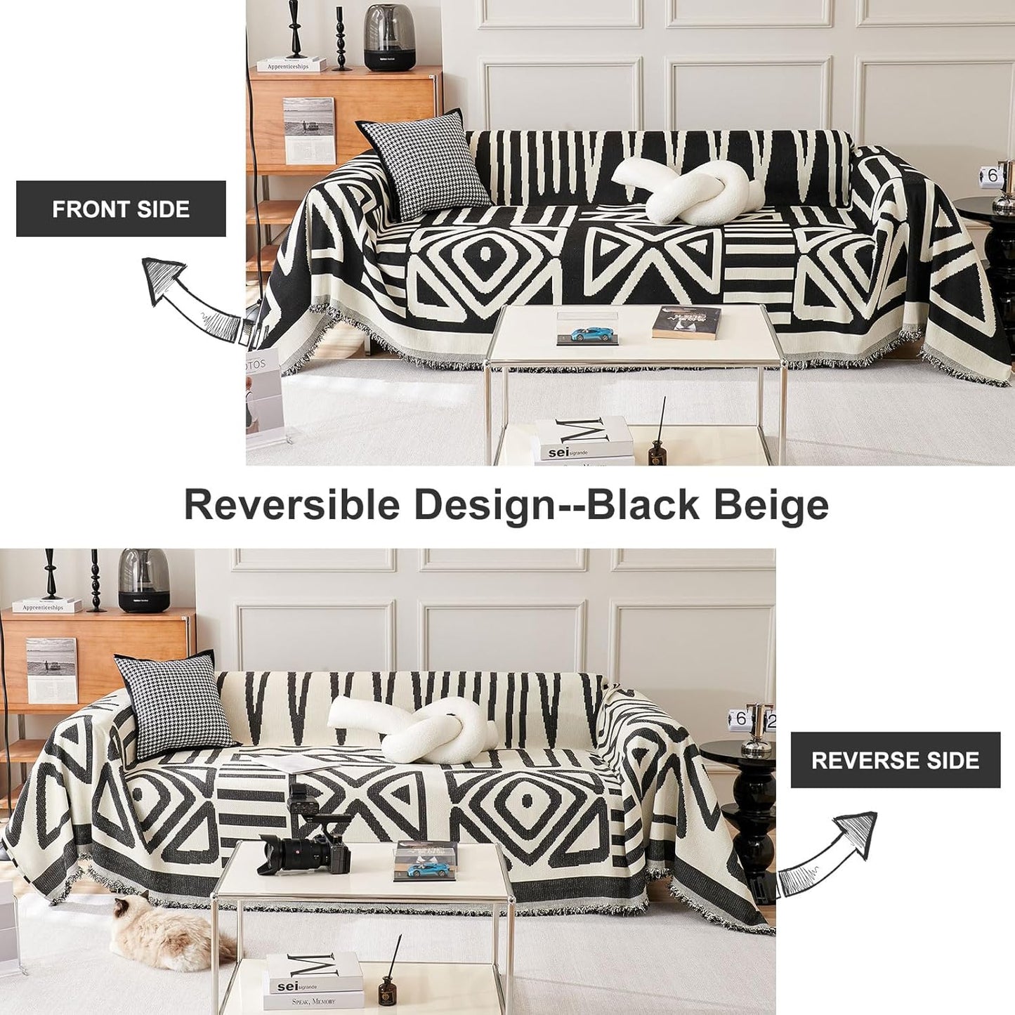 STACYPIK Boho Black Beige Couch Cover Wrinkle Resistant Sofa Cover for Cat Dog Geometric L Shaped Slipcover for Sectional Multi-Use Pet Protector for 2 Cushion Couch Tassels Recliner Cover-71x118IN