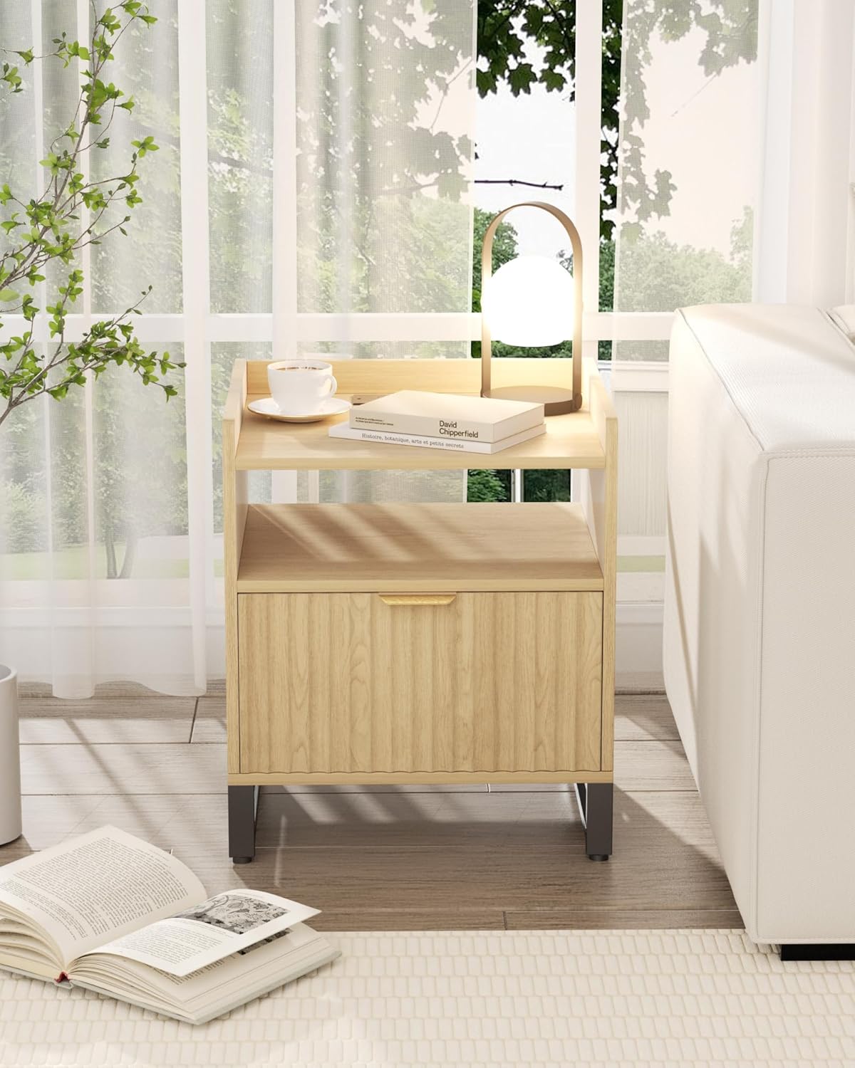 Fluted Night Stand Set 2 with Charging Station, Wood Nightstand with Large Drawer and Open Storage Cabinet, Mid-Century Modern Bedside Table End Table for Bedroom Closet Office