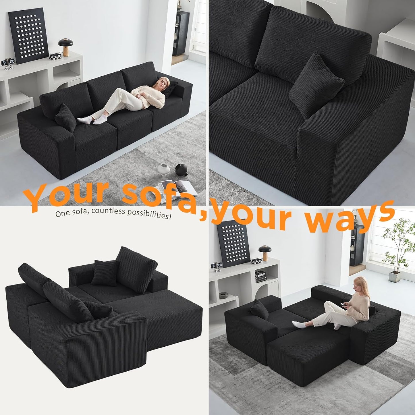 INGEROOM 108" Cloud Sectional Couch, Modular Sectional Sofa with L-Shaped Chaise, Modern Plush Corduroy Couch for Living Room Bedroom（Black）