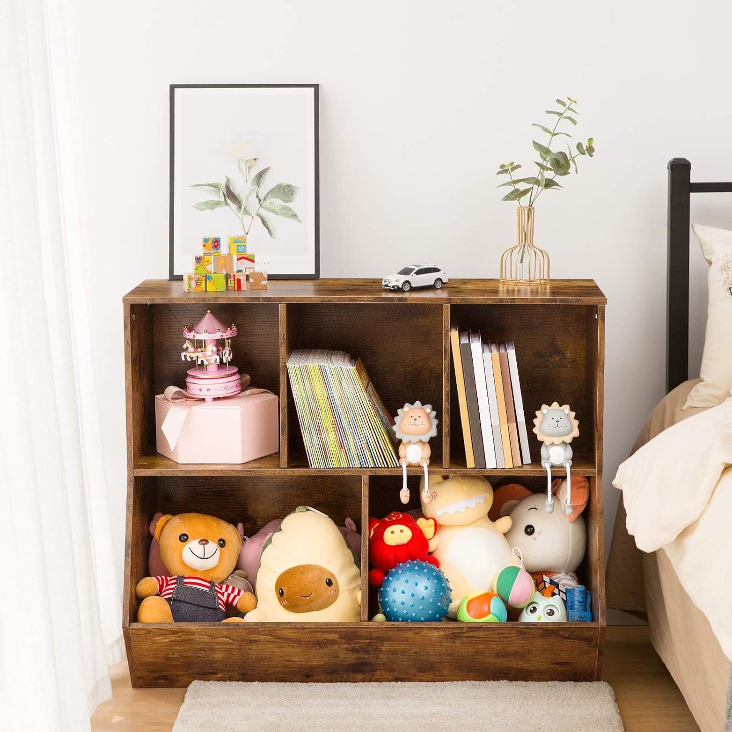 HOOBRO Kids Bookshelf, Bookcase Footboard, Toy Storage Cubby, Children's Toy Shelf, 39.4" L Toy Storage Cabinet, Fit for Children's Room, Playroom, Hallway, Kindergarten, Rustic Brown BF132CW01