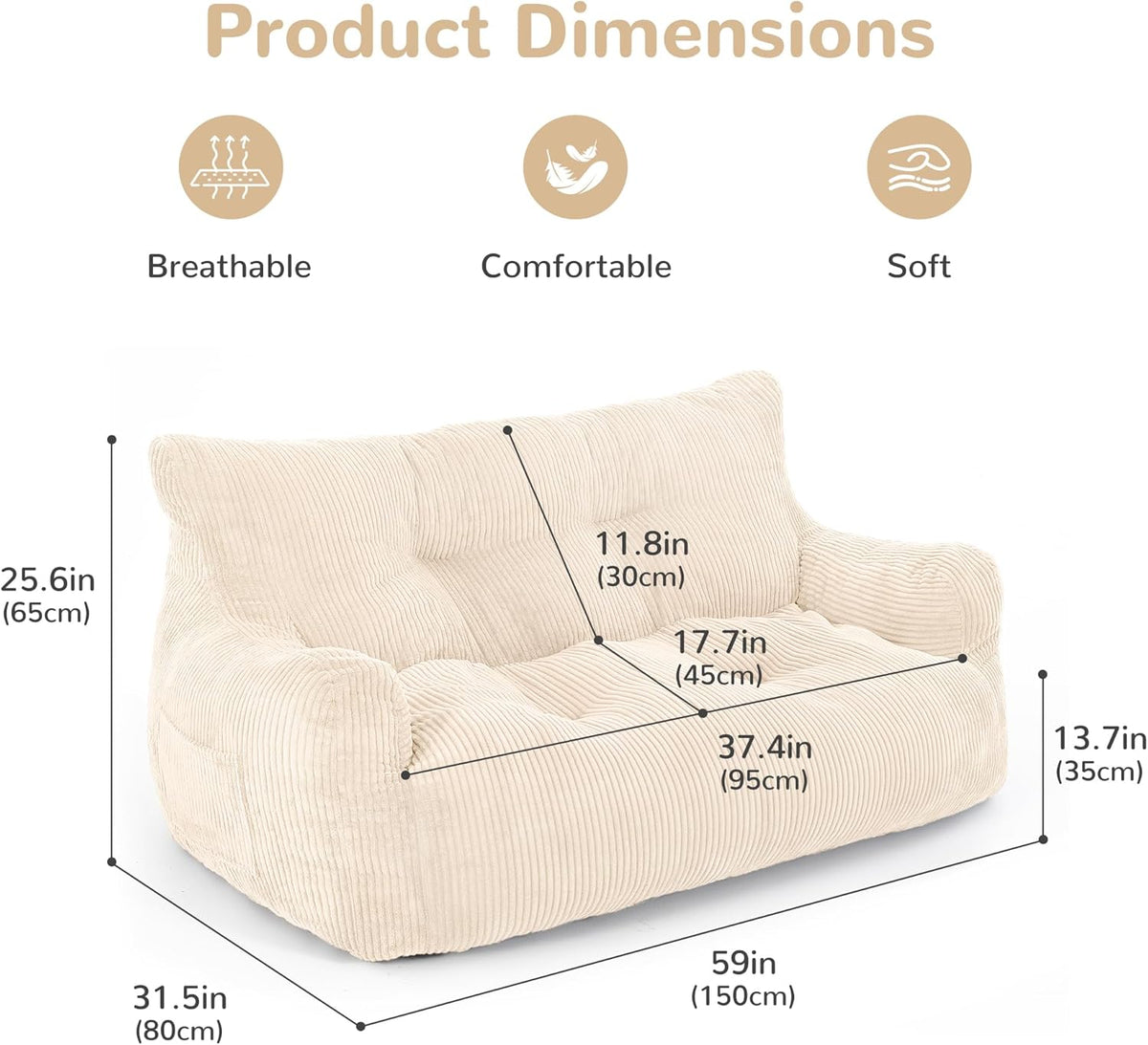 Pamapic Bean Bag Chair,2 Seat Loveseat Sofa,Ultra Soft Dutch Velvet,Fluffy Comfort Washable Cover,Corduroy Lazy Sofa Bed for Adults,Fit Living Room, Bedroom,Outdoor Spaces,White