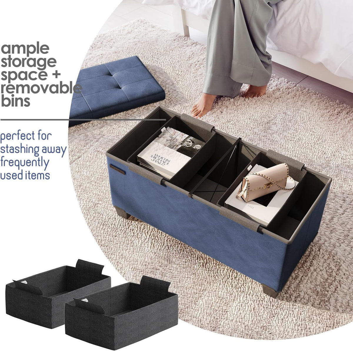 STORAGEBUD Storage Ottoman Bench with Bins, 30-in Storage Bench for Bedroom End of Bed, Folding Foot Rest Ottoman for Living Room Max 660lbs, Faux Leather Ottomans, Blue