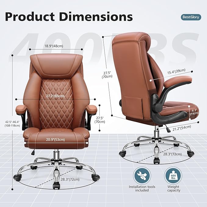 Office Chair, Ergonomic High Back Home Office Desk Chair, Big and Tall Breathable Leather Office Chair with Lumbar Support Flip-Up Armrests, Computer Chair with Rocking Function