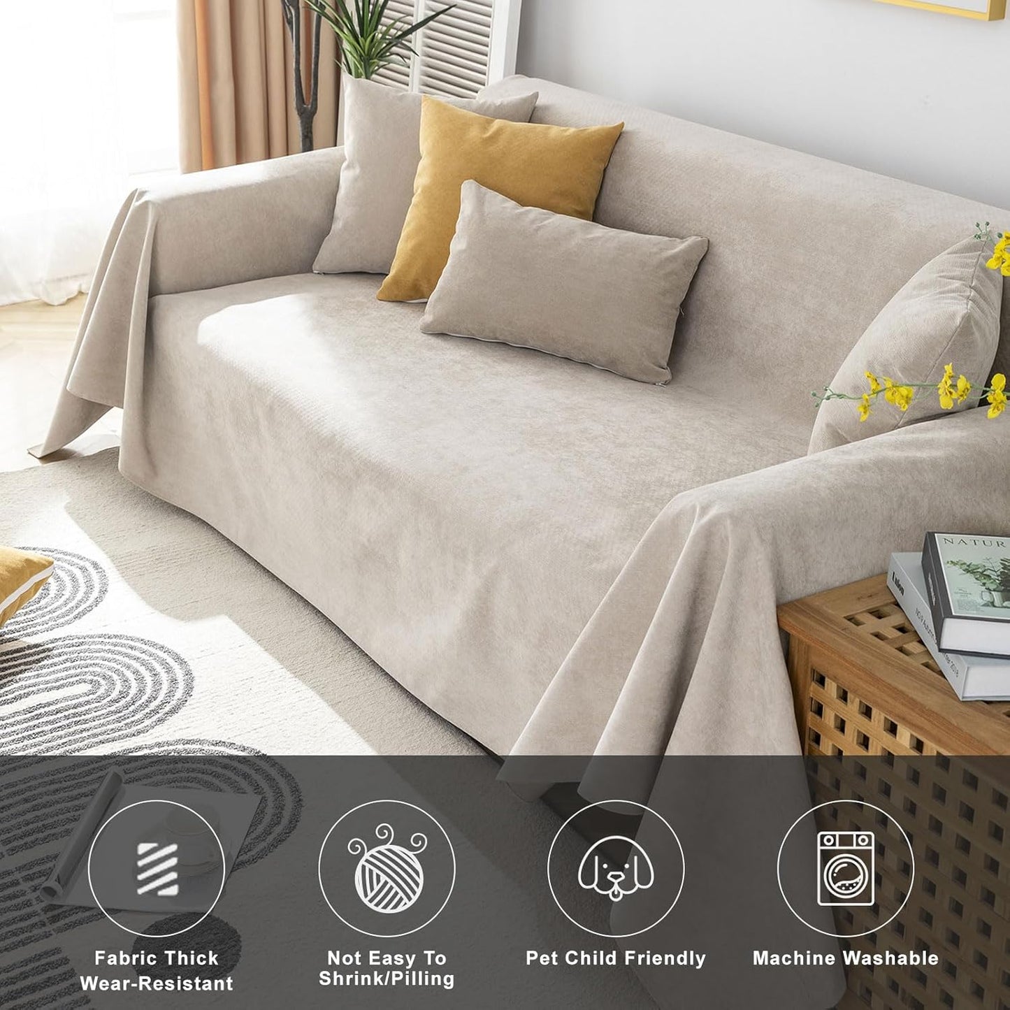 STACYPIK Waterproof Anti-Cat Scratch Couch Covers, Beige Sofa Covers for Dogs, Non-Slip Couch Covers for 2 Cushion Couch, Washable Love Seat for Sectional, Furniture Protector Sofa Slipcover-71X90IIN