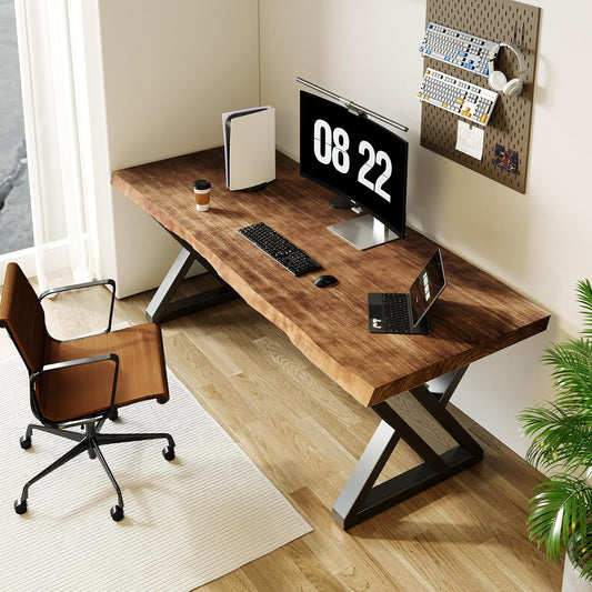 Solid Wood Desk 55 inches Wide Home Office Desk,Metal Modern Industrial Writing Table, Workstation, Perfect Table for Your workspace Study Table Furniture in Rustic Natural Aged Brown