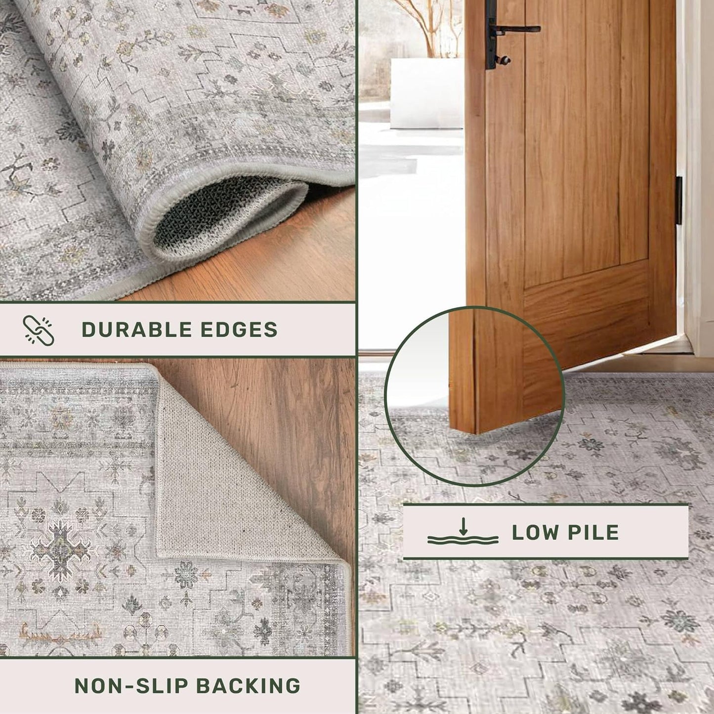 Light Gray Washable 2'6"x8' Wide Hallway Runners, Kitchen Runner Rug, Non-Slip & Stain Resistant Long Floor Rug, Neutral Boho Floral Décor