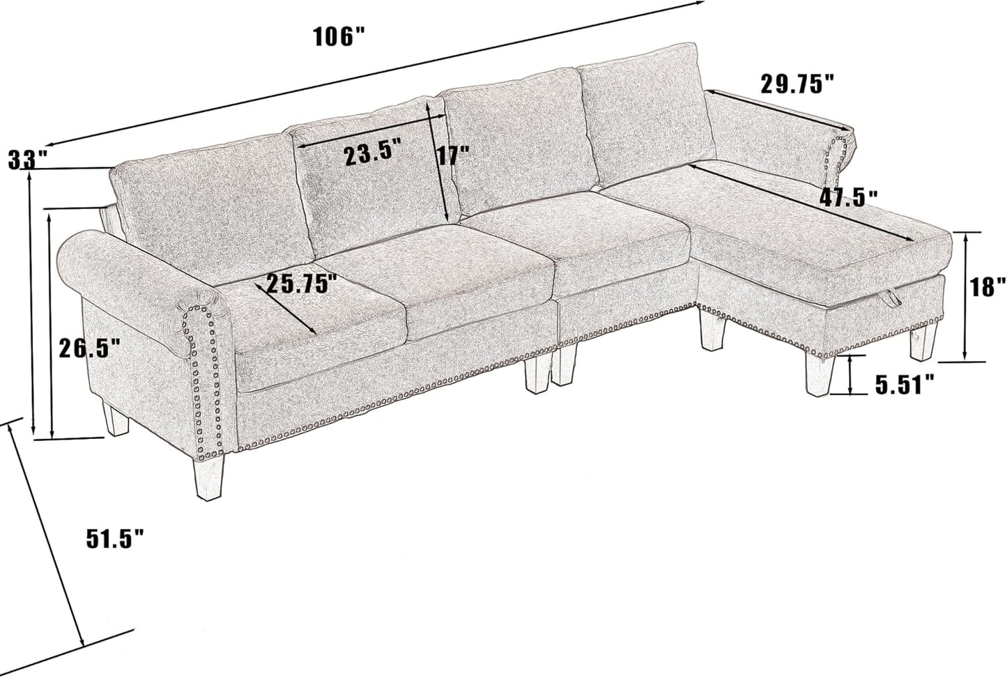 Ball & Cast 106" Convertible Sectional Sofa with Storage Chaise, Linen Upholstered 4 Seater Couch with Back Cushions and Removable Ottoman for Living Room, Apartment, Office,Beige