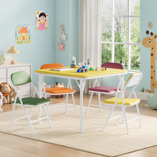 GarveeHome 5-Piece Kids Folding Table and Chairs Set, Toddlers Children's Activity Table and Chairs Set for Dining Room,Daycare,Classrooms