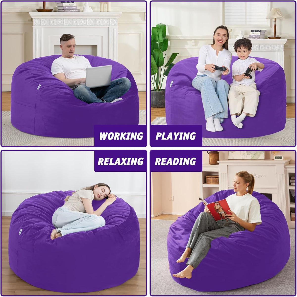 4FT Bean Bag Chair with Ultra Soft Velvet Cover Bean Bag Sofa with Memory Foam Bean Bag Chairs with Large Size Lazy Sofa for Dorm Office Living Room Bedroom Purple 4'