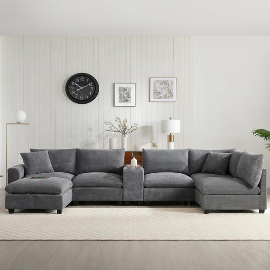 Merax 140'' Oversized Modular Sectional Sofa with Storage Ottoman and Console, Removable Storage Pockets, Cup Holder, Wide Seat, USB Charger, 6 Seat U Shaped Chenille Couch Set for Living Room, Gray