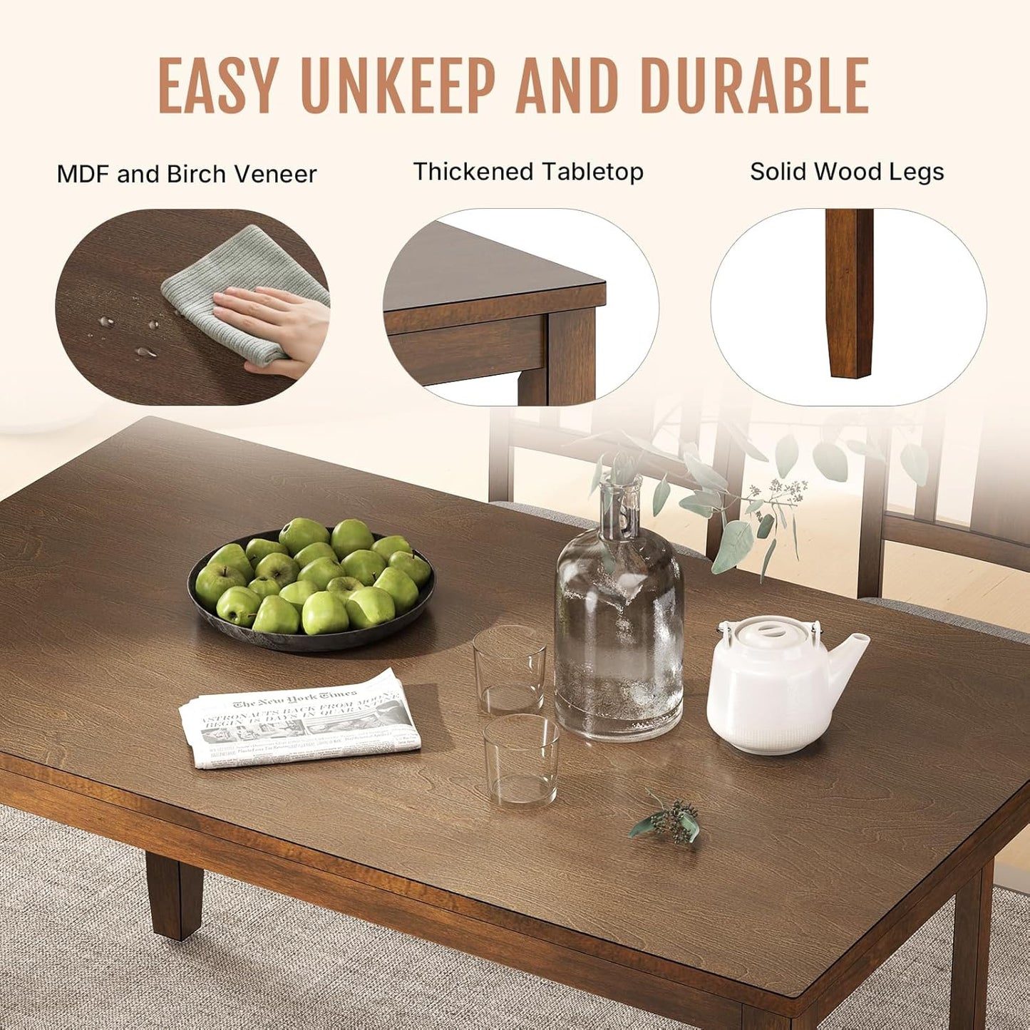 6-Piece Wooden Dining Set, Dining Table & Chair Set for 6, Includes Dining Table, 4 Upholstered Chairs & 1 Bench, Dining Table with Wood Legs, Table Set for Dining Room, Kitchen, Walnut