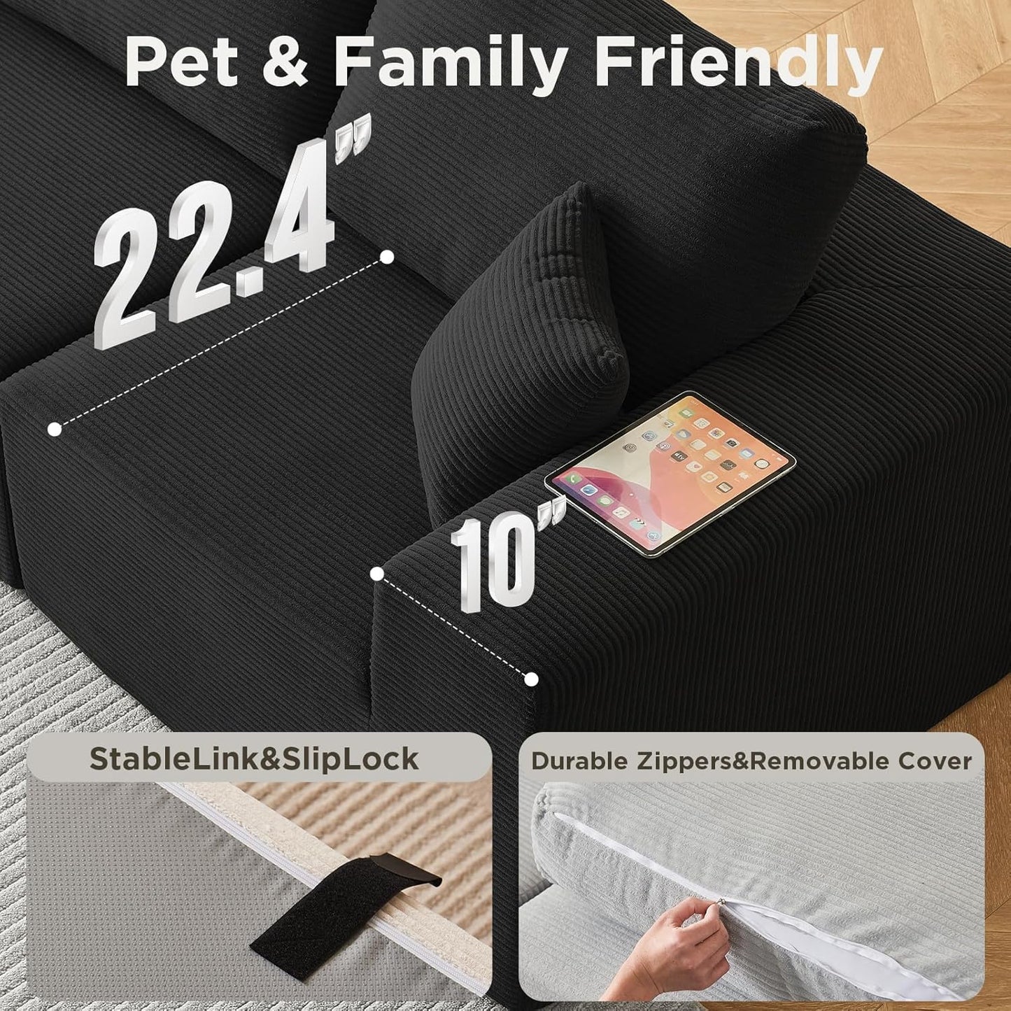 INGEROOM 108" Cloud Sectional Couch, Modular Sectional Sofa with L-Shaped Chaise, Modern Plush Corduroy Couch for Living Room Bedroom（Black）