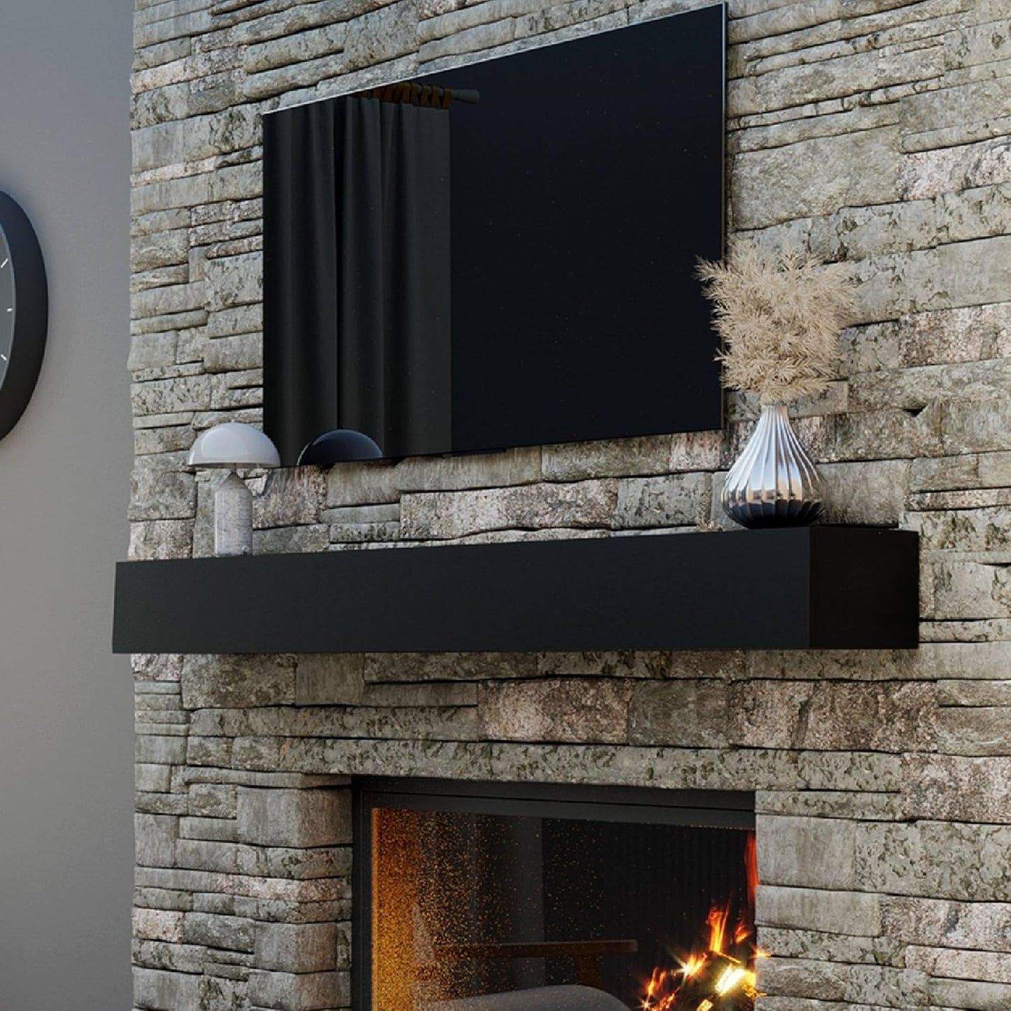 60" Floating Mantel Shelf - Modern White Fireplace Mantel with Matte Lacquer Finish for Living Room Elegance (60", Black)