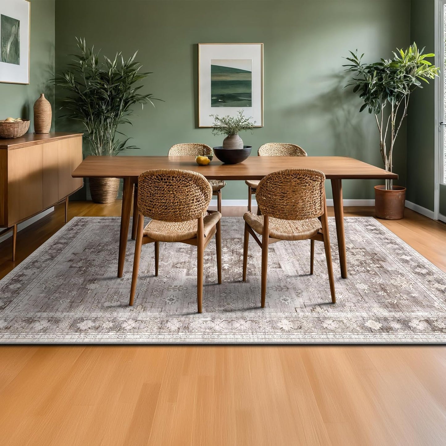 Washable Neutral Farmhouse Living Room Rug, 6x9 Area Rugs for Bedroom, Dining Room Under Table Carpet, Kids Room, Large Boho Vintage Non-Slip Floral Rugs Low Pile Stain Resistant (6x9 Beige/Latte)