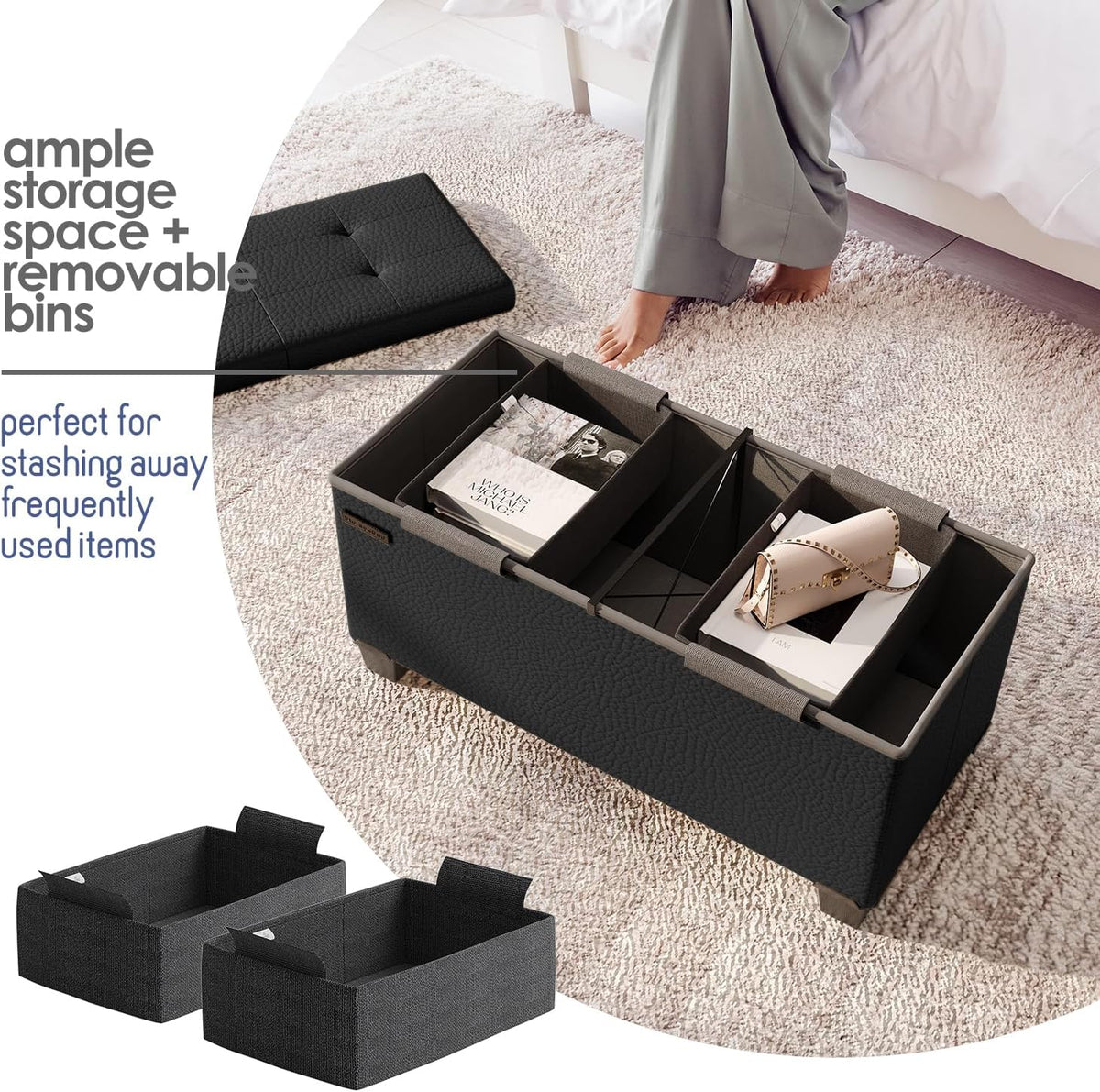 STORAGEBUD Storage Ottoman Bench with Bins, 30-in Storage Bench for Bedroom End of Bed, Folding Foot Rest Ottoman for Living Room Max 660lbs, Faux Leather Ottomans, Black