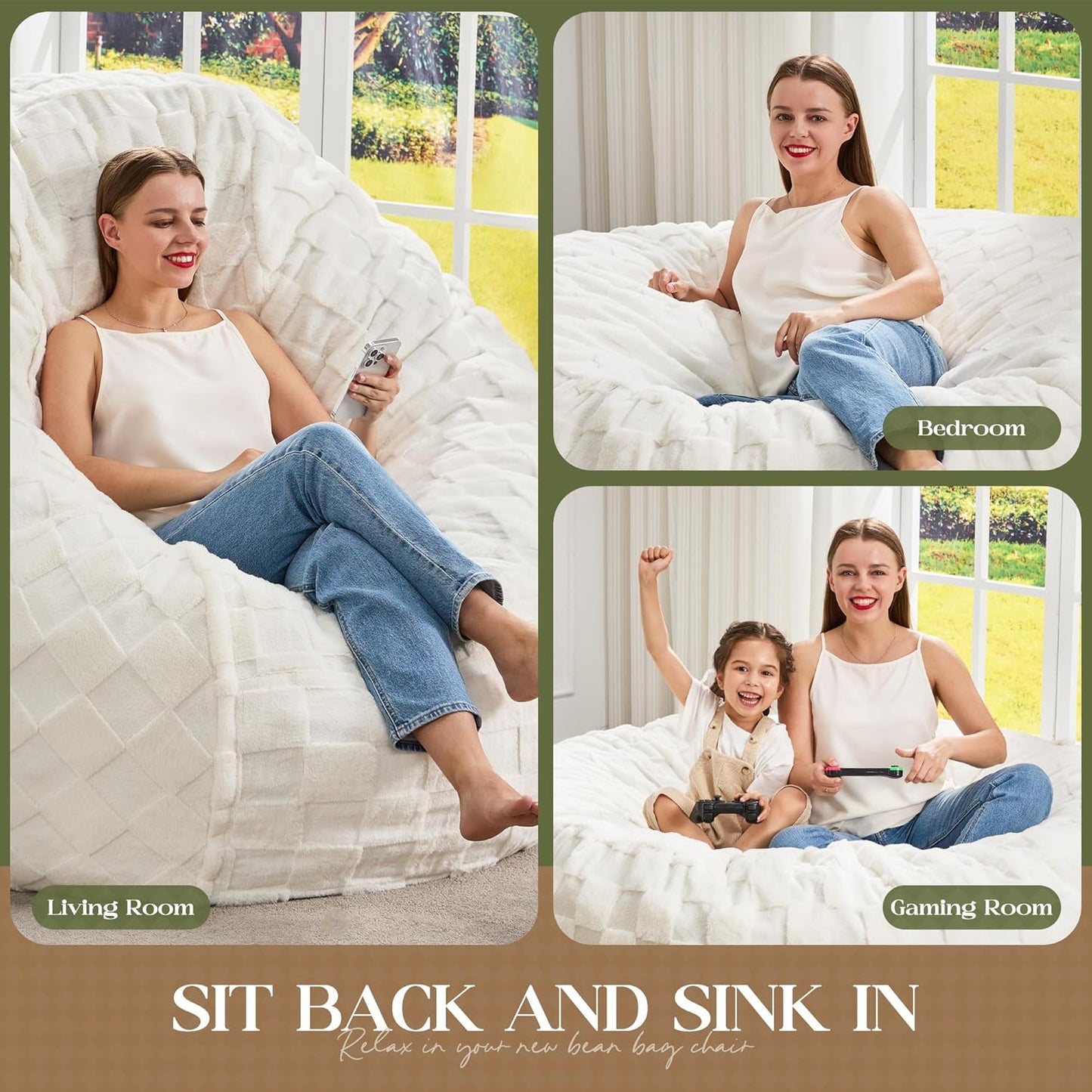 Hobestluk Bean Bag Chairs Beanbag Chair with Filler Adult Bean Bags with Fluffy Cover, Giant Bean Bag Chairs for Adults for Living Room, Bedroom (White, 5FT - 50” x 50” x 24”)