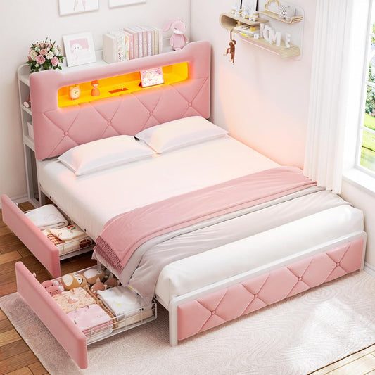 Queen Upholstered LED Bed Frame with 2 Storage Drawers and 2-Tier Storage Headboard,Velvet Princess Platform Bed with Charging Station & Bookcase,Heavy Duty Metal Support,No Box Spring Needed,Pink