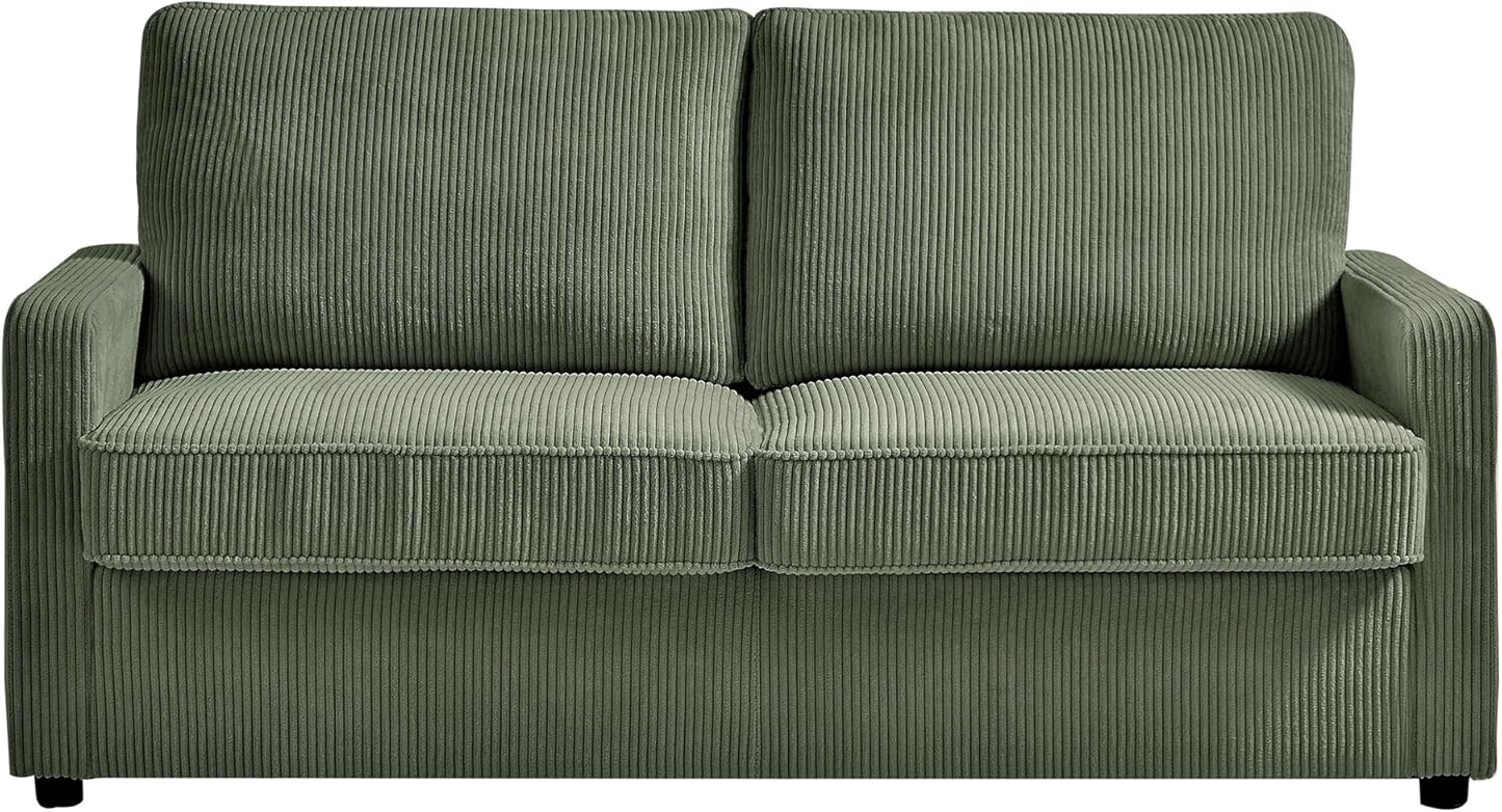 Reversible Sleeper Sofa Bed with Comfortable Memory Foam Mattress, Convertible Corduroy Full Size Pull Out Couch for Living Room, Space Saving Furniture, 70" Wide, Rectangular Arms, Dark Green