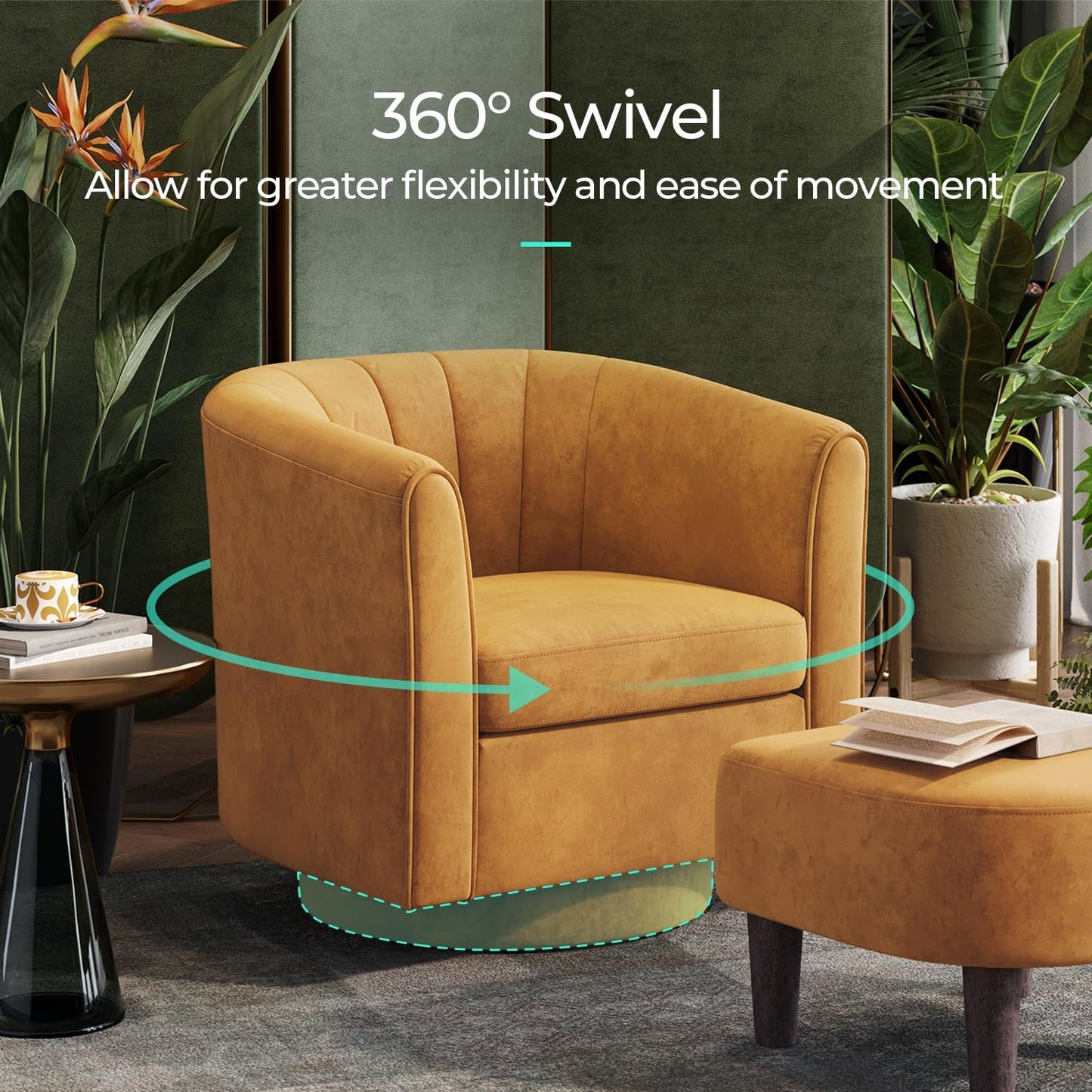 LINSY Swivel Accent Chair with Ottoman: Small Velvet Barrel Chair 360 Swivel Modern Armchair, Upholstered Reading Chair with Footrest for Living Room Bedroom Study Room (Yellow)