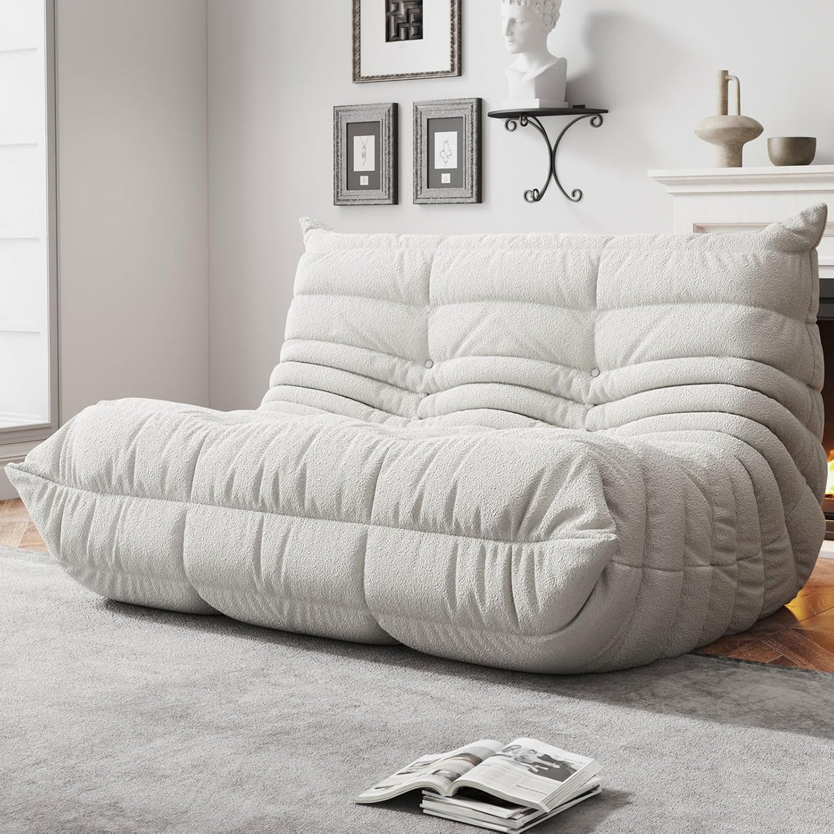 Bean Bag Chairs for Adults, BeanBag Reading Chair Memory Foam Couch, Floor Chair Soft Teddy Material, Comfy Reading Nook Chairs for Bedroom Living Room Office(White)