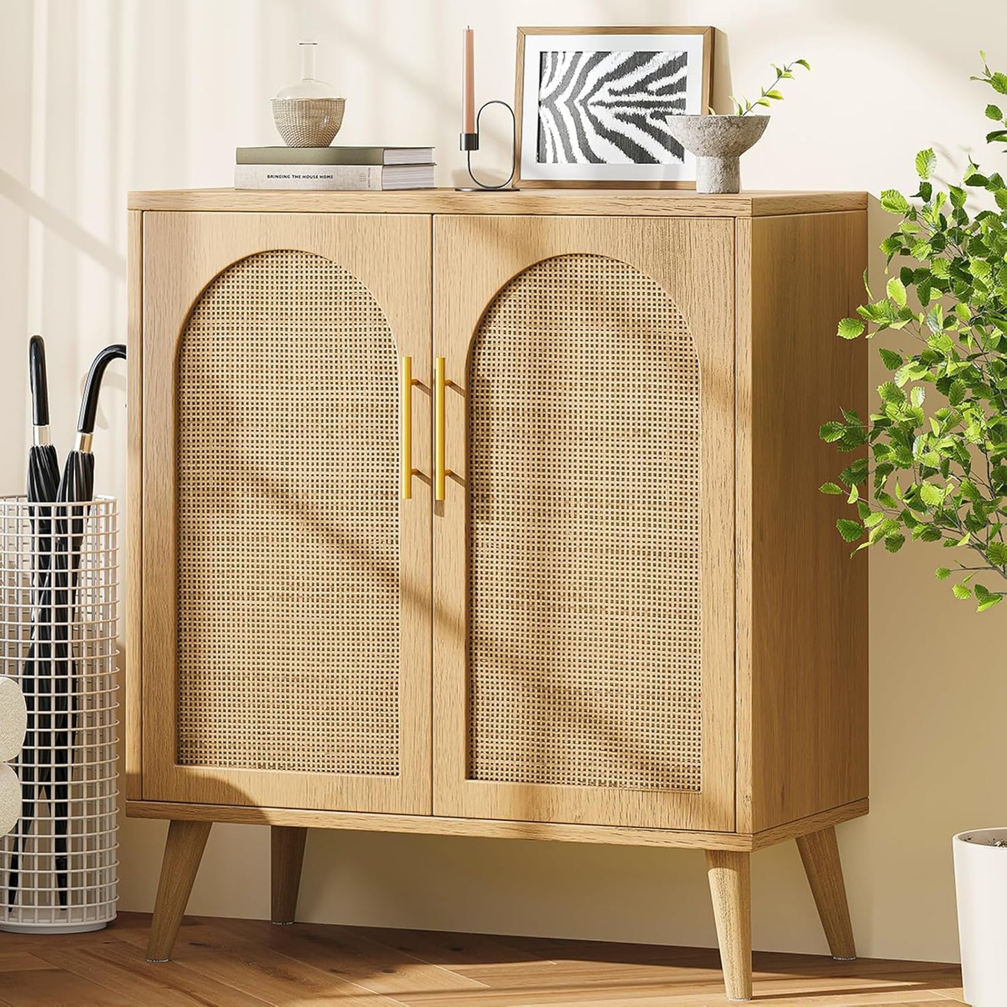 Rovaurx Rattan Storage Cabinet with Doors, Modern Accent Bathroom Floor Cabinet, Sideboard Buffet for Living Room, Entryway, Dining Room and Kitchen, Natural BMGZ108M