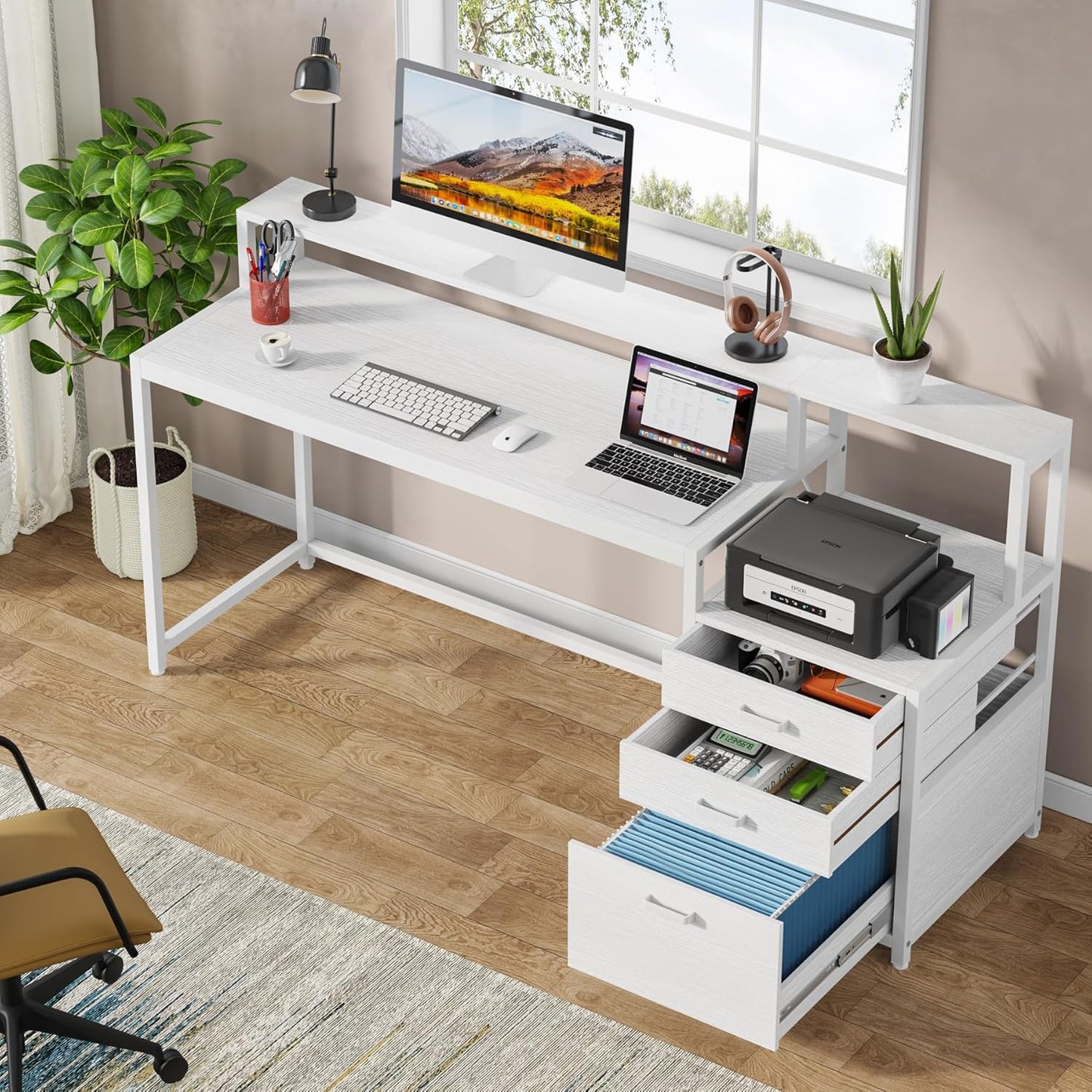 Tribesigns 63 Inch Computer Desk with File Drawer Cabinet, Ergonomic Office Desk with Monitor Stand, Computer Table with Printer Space, Wood PC Table Workstation Desk for Home Office, White