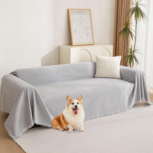 MYSKY HOME Light Gery Chenille Sofa Cover for Dogs Cats Tassel Edge Couch Cover Furniture Protectors for Pets Universal Couch Cover Thick Durable Sectional Couch Covers for 3 Cushion Couch, 91"x 134"