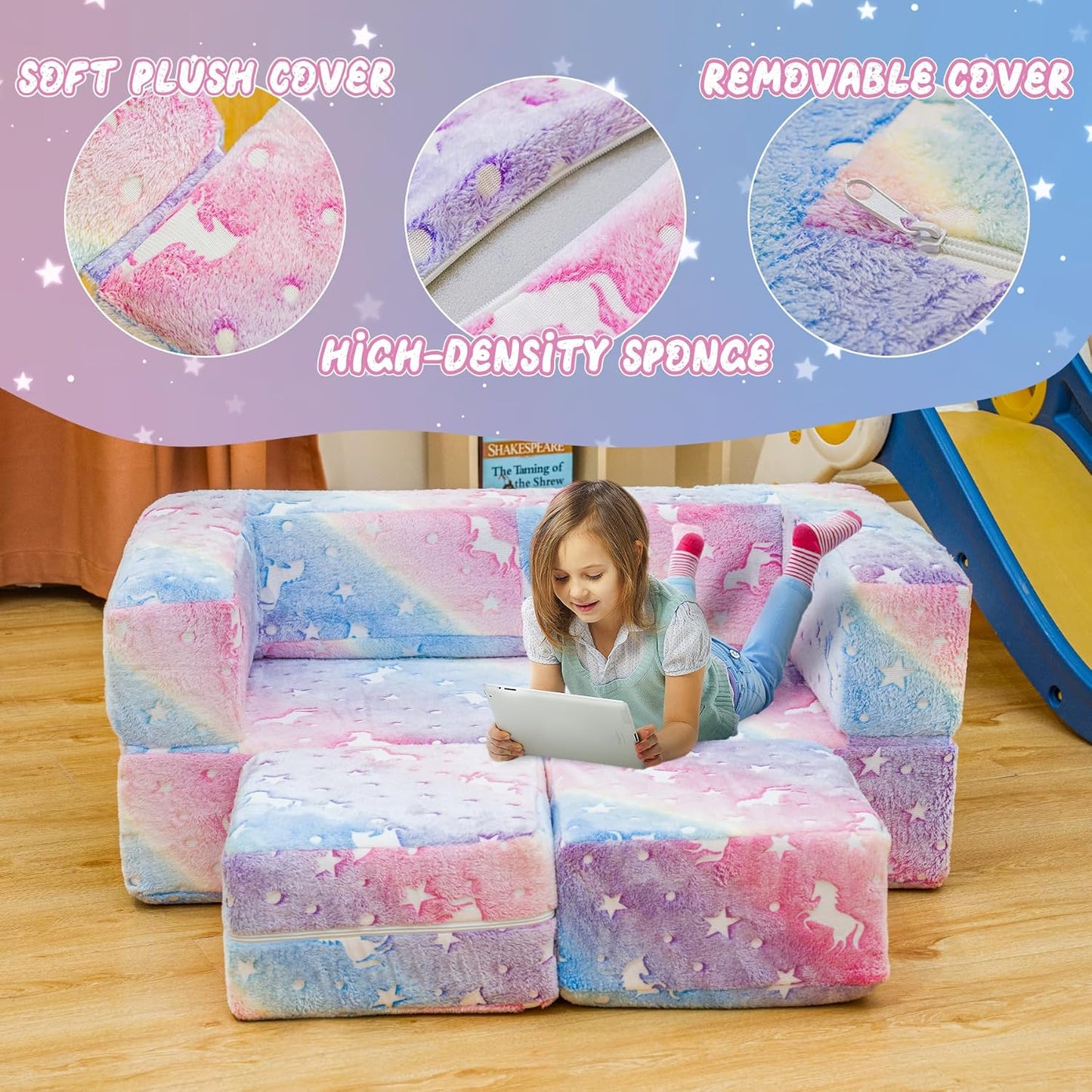 Lamerge Toddler Couch Glow in The Dark Toddler Fold Out Couch for playroom, Convertible Baby Fold Out Play Foam and Floor Cushion for Bedroom (Rainbow+Unicorn)