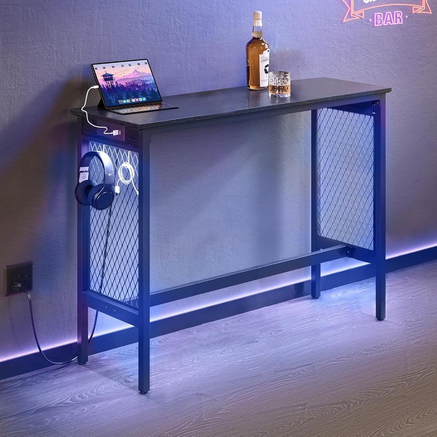 VASAGLE Bar Table with Power Outlets, 47.2 Inches LED Lights Narrow Tall Pub Table, Counter Height Console Desk, Mesh Panels and Metal Frame, for Kitchen, Entryway, Ebony Black and Matte Black