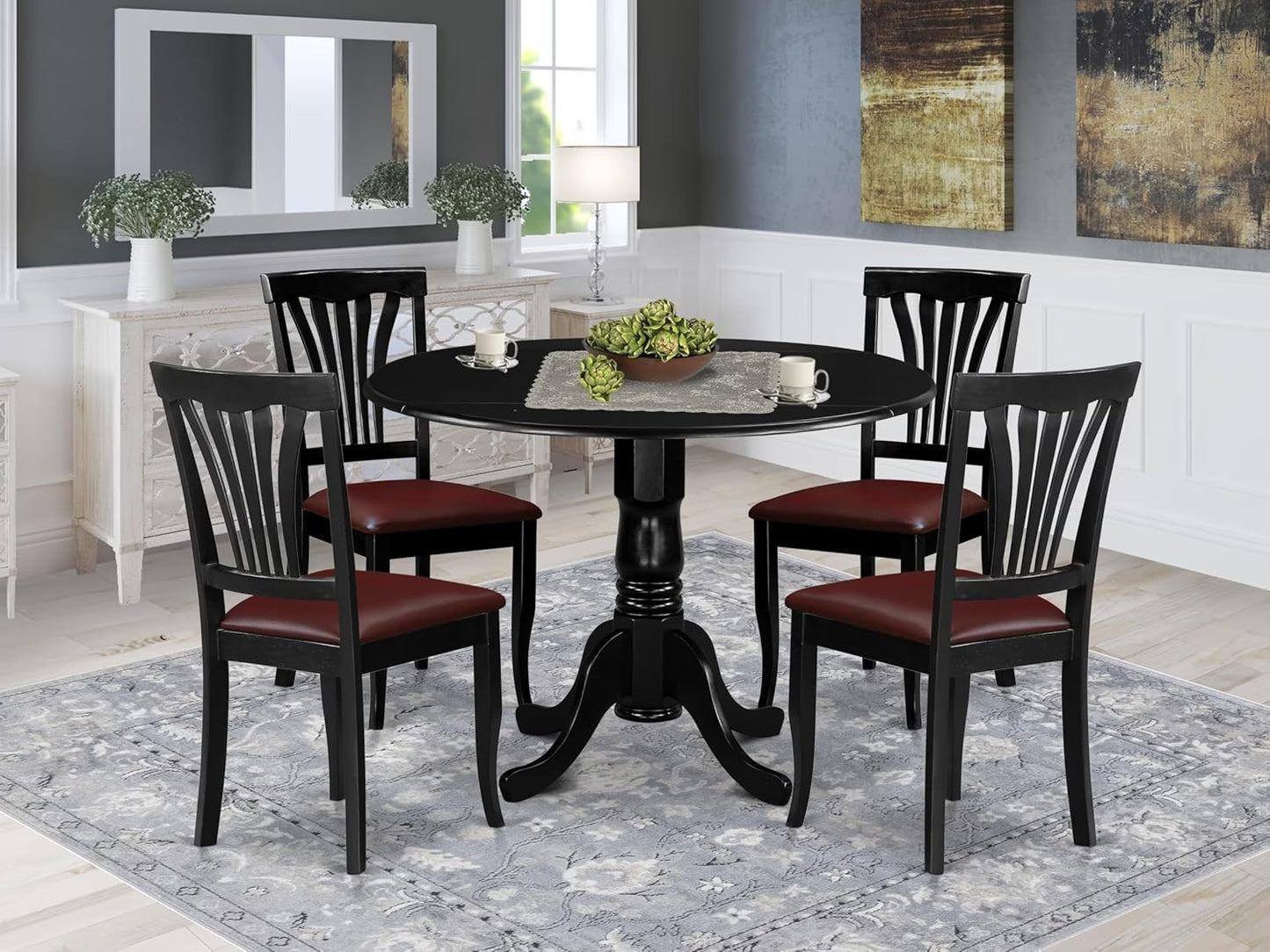 East West Furniture DLAV5-BLK-LC 5 Piece Modern Dining Table Set Includes a Round Wooden Table with Dropleaf and 4 Faux Leather Upholstered Dining Chairs, 42x42 Inch, Black