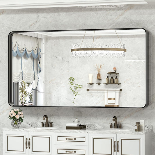 TokeShimi Black Bathroom Mirror for Wall 60 x 28 in Vanity Mirror with Non-Rusting Aluminum Alloy Brushed Matte Metal Frame for Modern Minimalist Farmhouse Home Decor (Horizontal/Vertical)