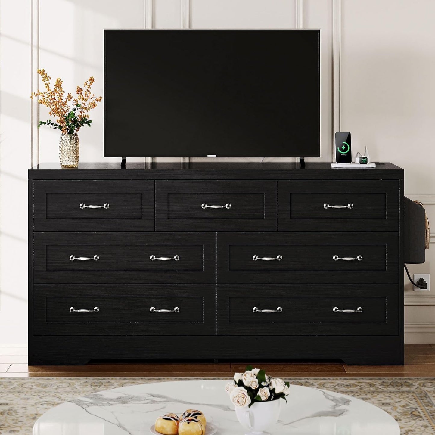 YITAHOME Drawers TV Stand for 65 inches with Power Outlets -Chest of Drawers Dresser with Side Organizer Bag Entertainment Center TV Console, Black