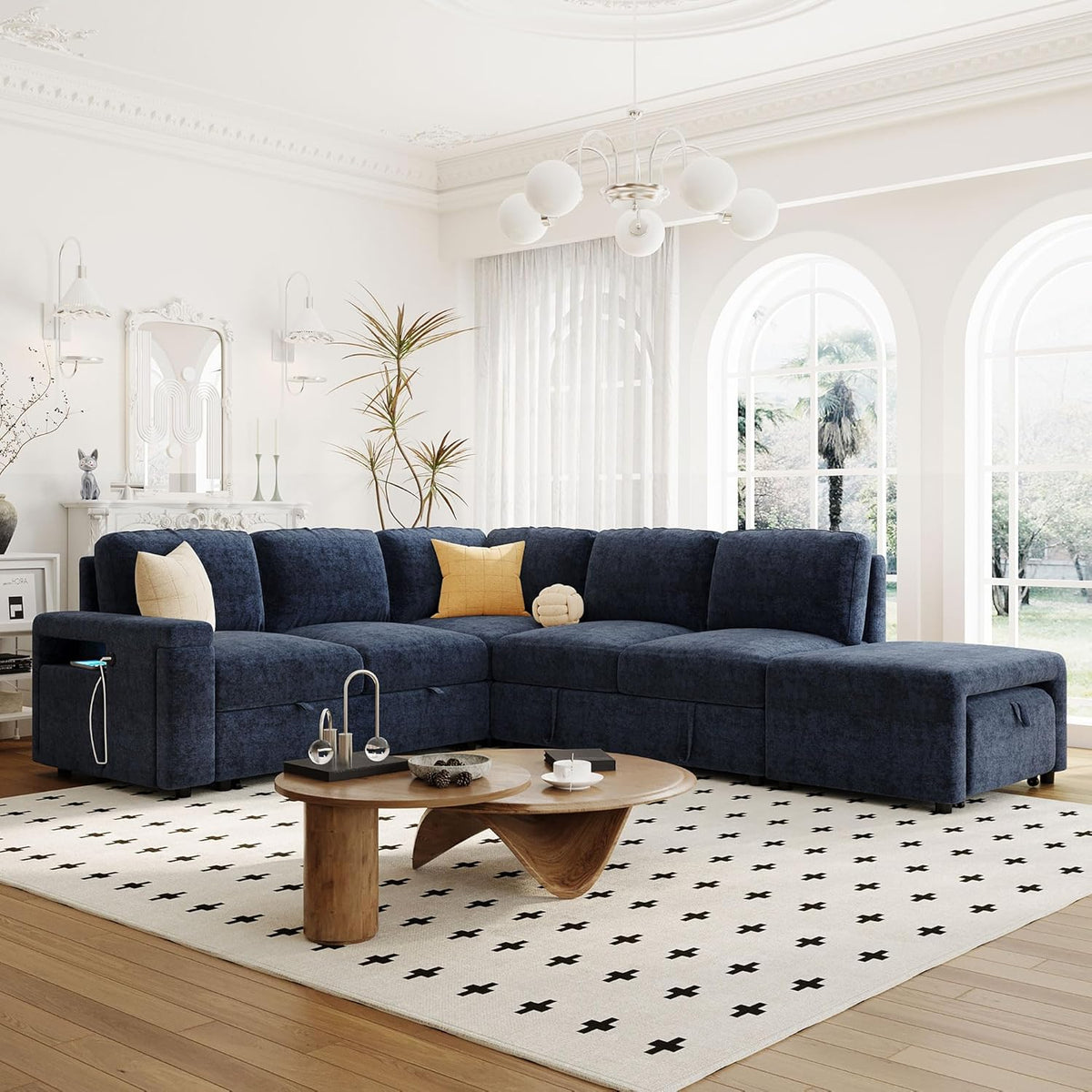 Merax L-Shaped Modular Sectional Sofa with Removable Storage Ottoman, USB Ports and Cup Holder, 6-Seats Upholstered Couch & Armrest, Free Combination Indoor Furniture for Living Room, Apartments, Blue