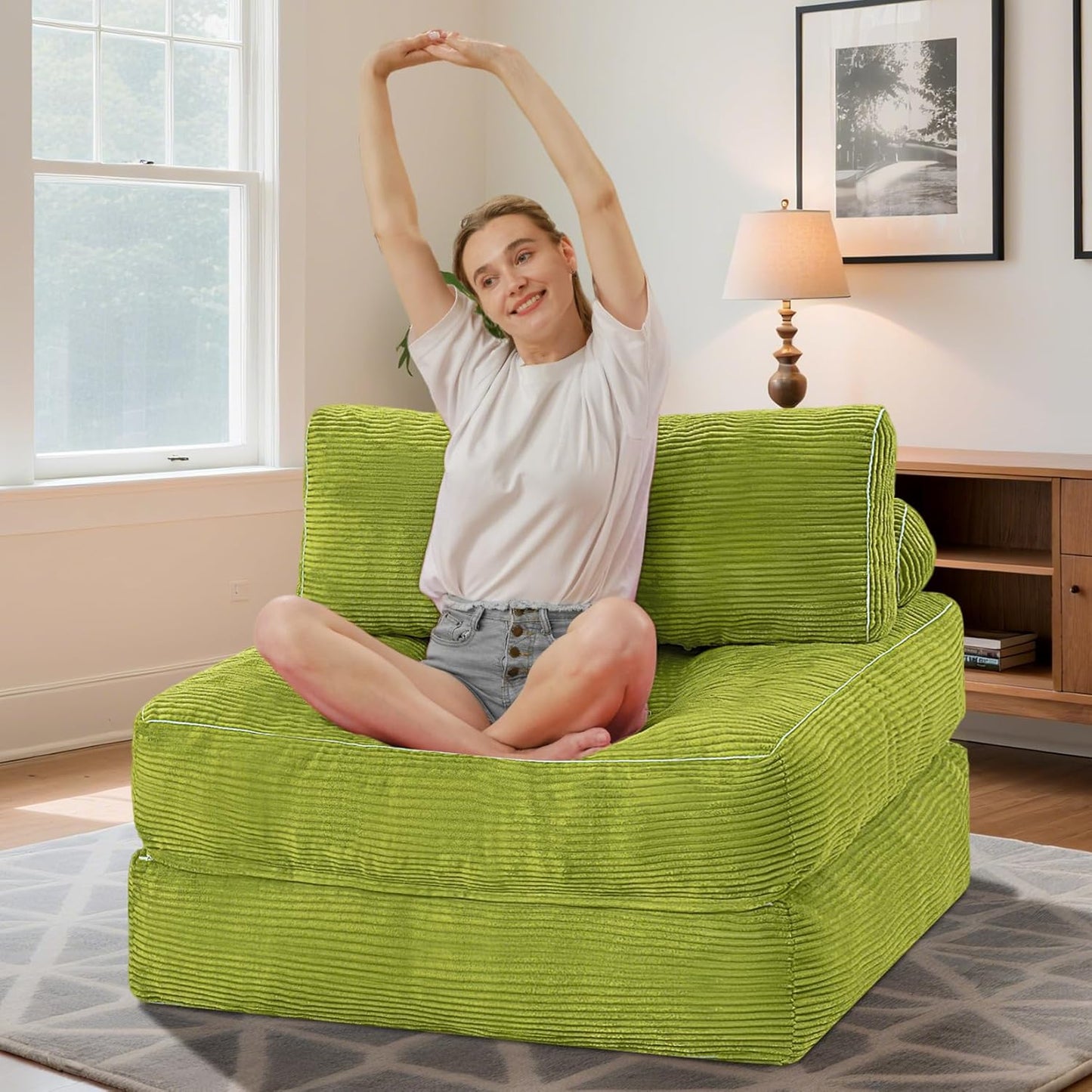 HABUTWAY Folding Sofa Bed, Convertible Sleeper Chair Bed w/Dual-Pillow & Handle, Foldable Floor Sofa Lounge w/Back Support for Living Room, Bedroom, Apartment, Office, Green