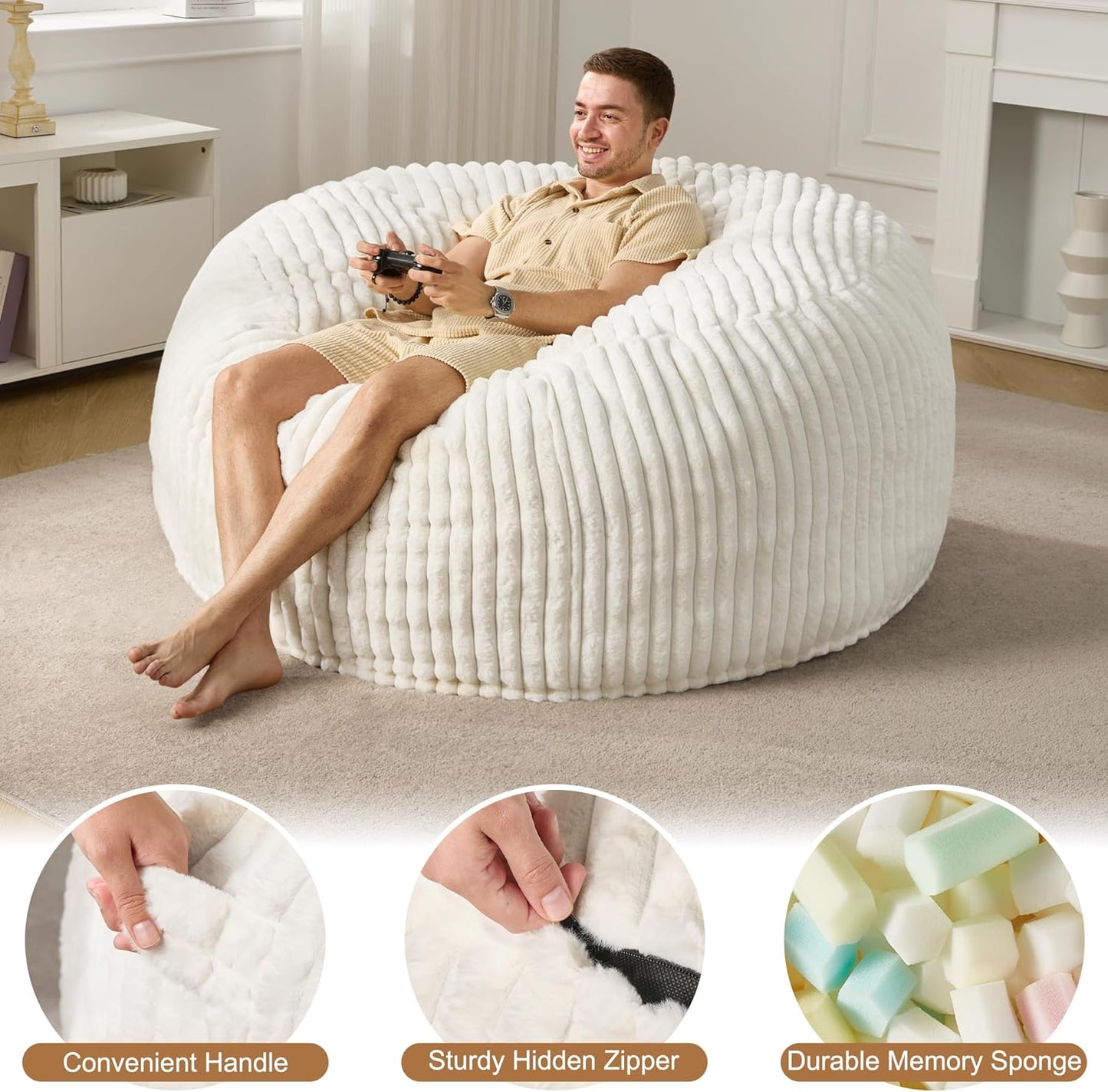 Hobestluk 5ft Bean Bag Chairs for Adults Large Beanbag Chair with Dutch Corded Plush Cover Big Bean Bag Chair for Living Room Bedroom Dorm Office - White (50” x 50” x 24”)