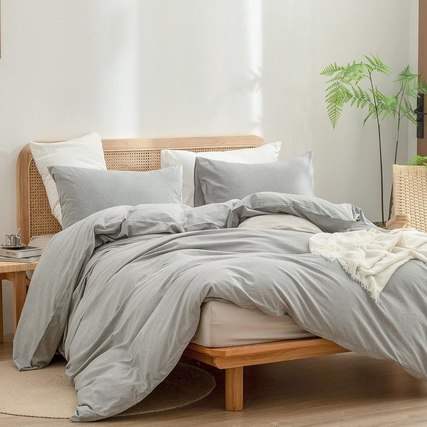 BESTOUCH Duvet Cover Set 100% Washed Cotton Linen Feel Super Soft Comfortable Chic Lightweight 3 PCs Home Bedding Set Solid Light Grey Oversized King