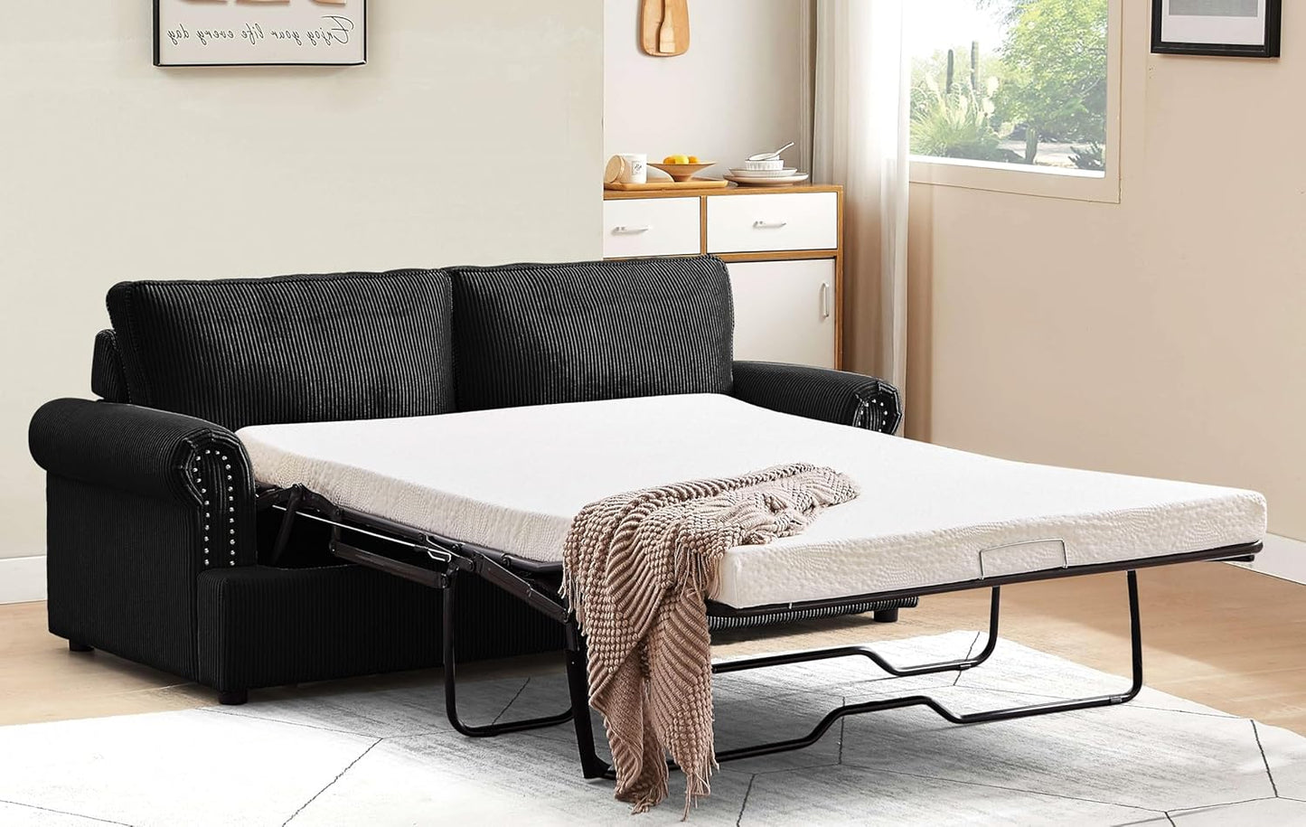 Reversible Sleeper Sofa Bed with Comfortable Memory Foam Mattress, Convertible Corduroy Full Size Pull Out Couch for Living Room, Space Saving Furniture, 72" Wide, Rounded Arms, Black