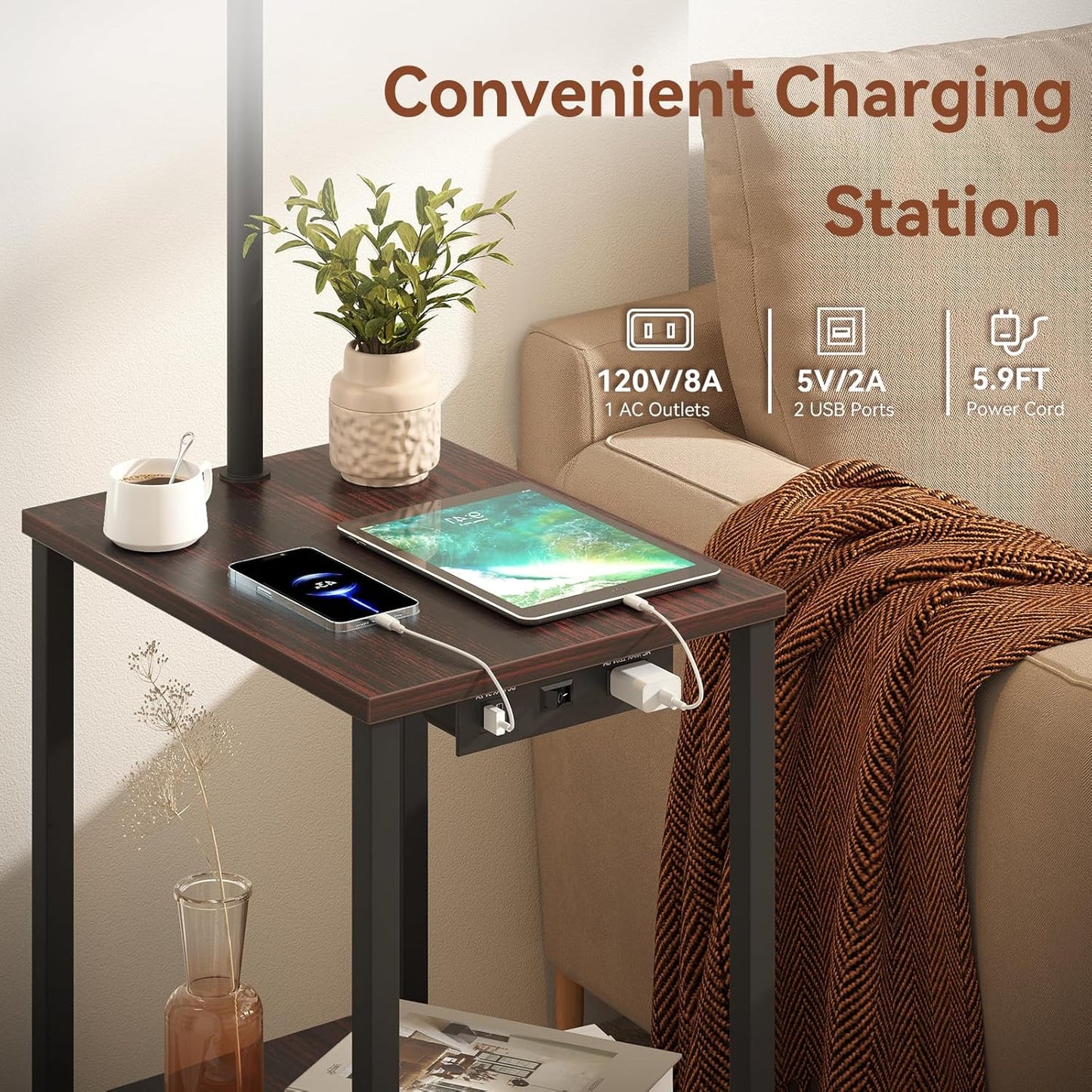 SUNMORY Floor Lamp with Table, End Table for Living Room with Lamp, Shelves Side Table with Charging Station(USB & AC Port), 3 Color Temperature LED Bulb, Modern Nightstand Lamp for Bedroom, Office