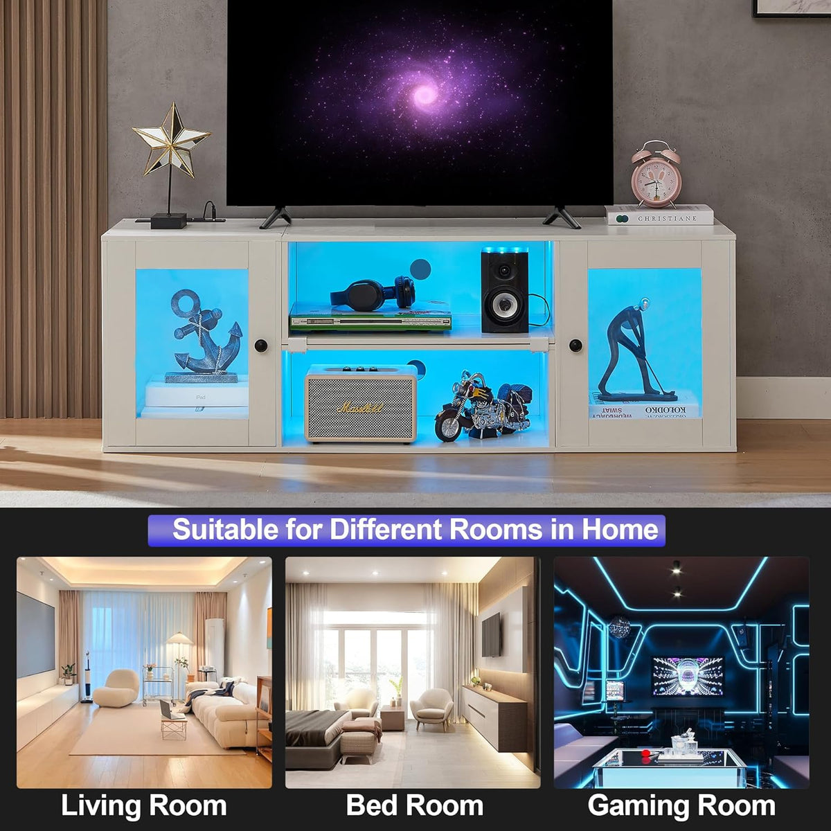 VECELO LED TV Stand for Televisions up to 70 Inchs Modern Entertainment Center with Storage, Media Console with 23 Flashing Options and 4 Customizable Modes for Living Room, Bedroom