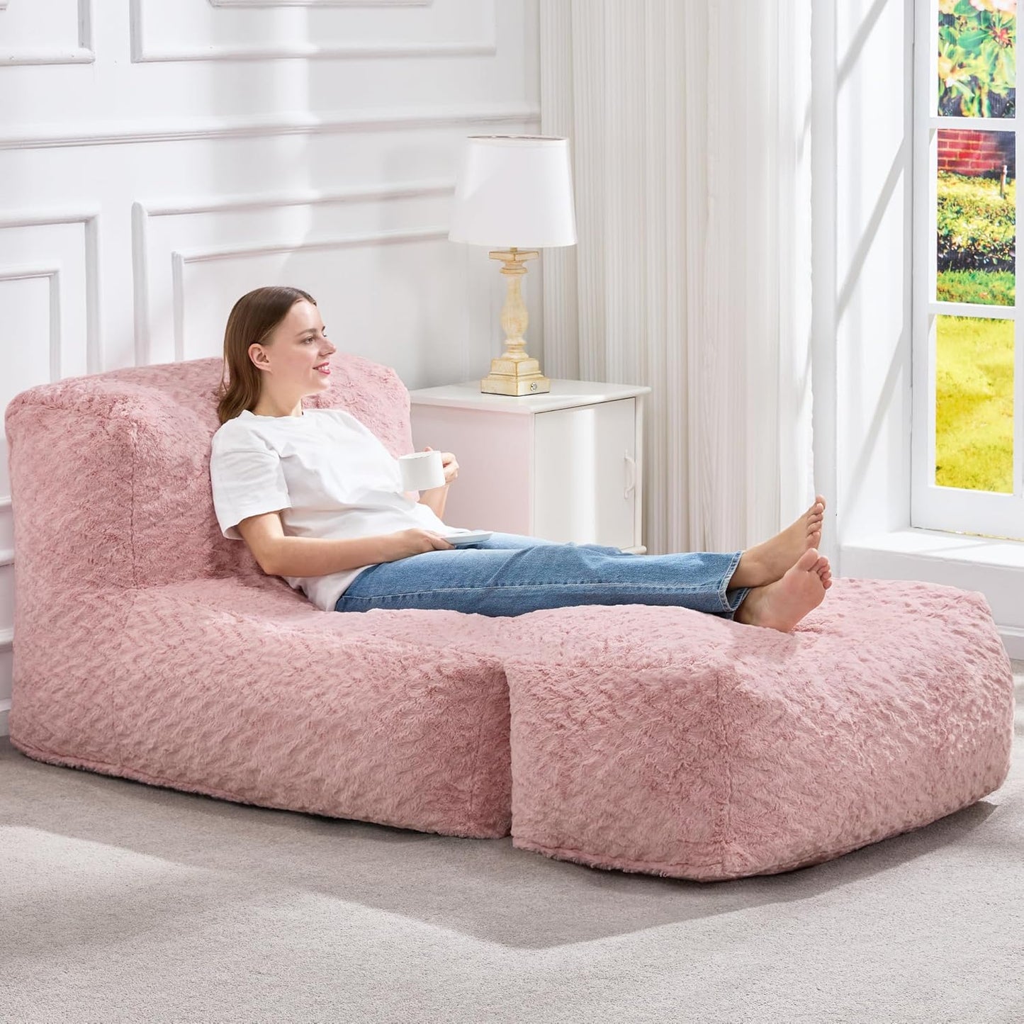 Hobestluk Bean Bag Chair Big Bean Bag Lounger for Adults Bean Bag Couch with Memory Foam Filled for Living Room, Bedroom or Balcony (Chevron Plush Pink)