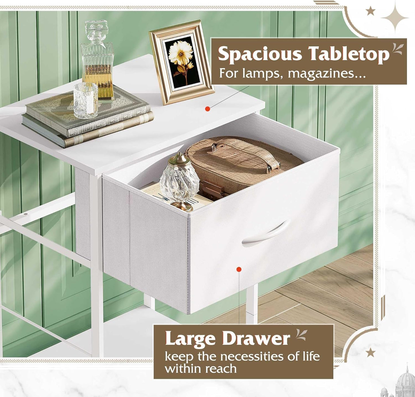 WLIVE White Nightstand, Night Stand with Fabric Storage Drawer and Open Wood Shelf, Small End Side Table, Bedside Table for Bedroom, Dorm, Easy Assembly, 25.03" Height