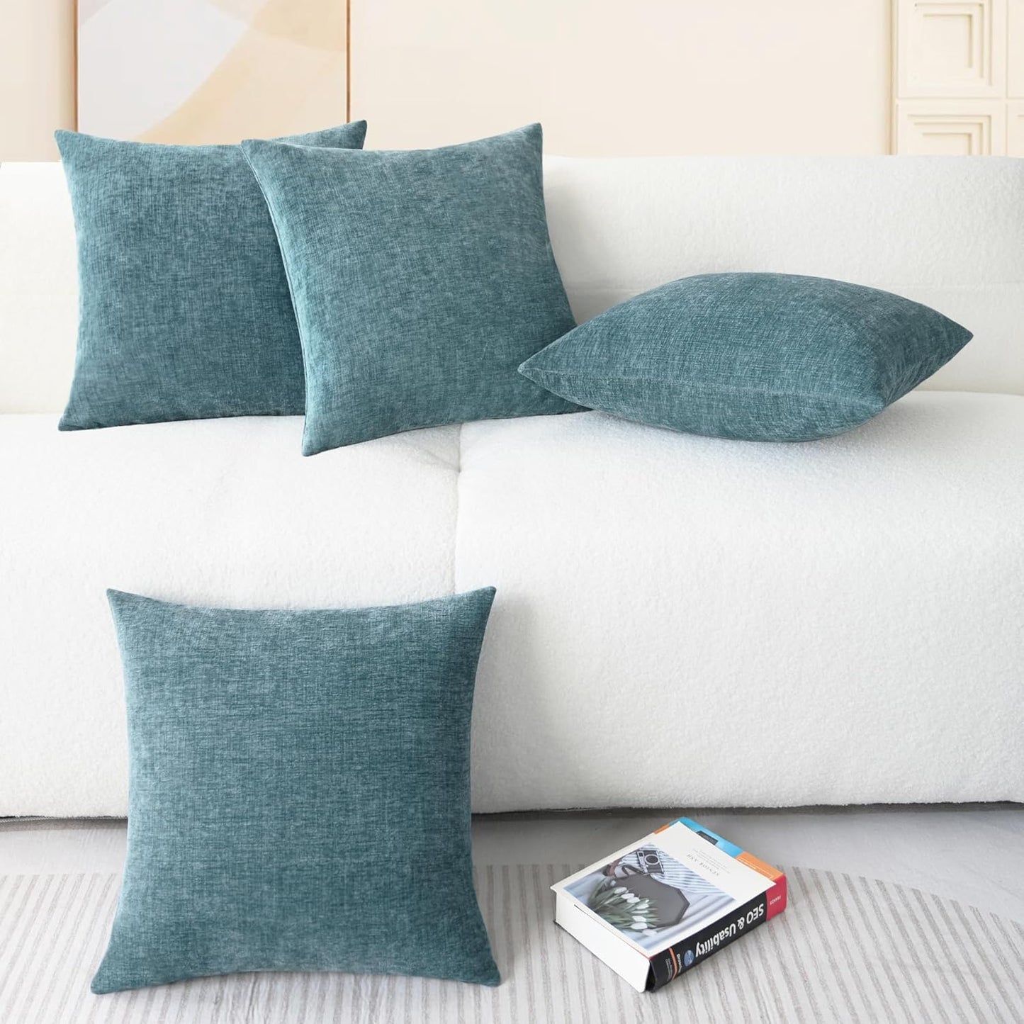 CaliTime Throw Pillow Covers Decorative 18 X 18 Inches Pack of 4 Cozy Chenille Cushion Cases for Couch Sofa Bed Living Room Home Smoke Blue