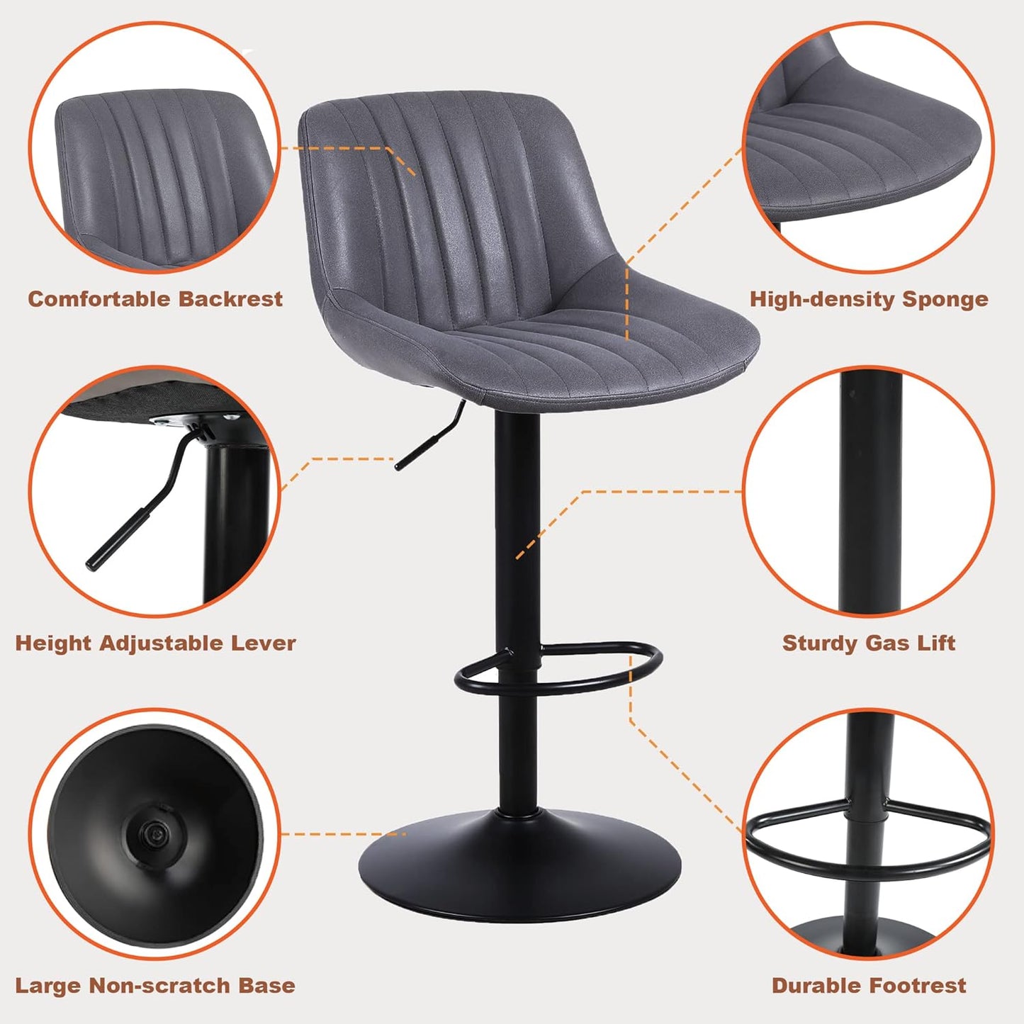 Bar Stools Set of 1, Swivel Counter Height Barstools with Back, Adjustable PU Leather Bar Chairs, Modern Armless Kitchen Island Stool, Dark Grey