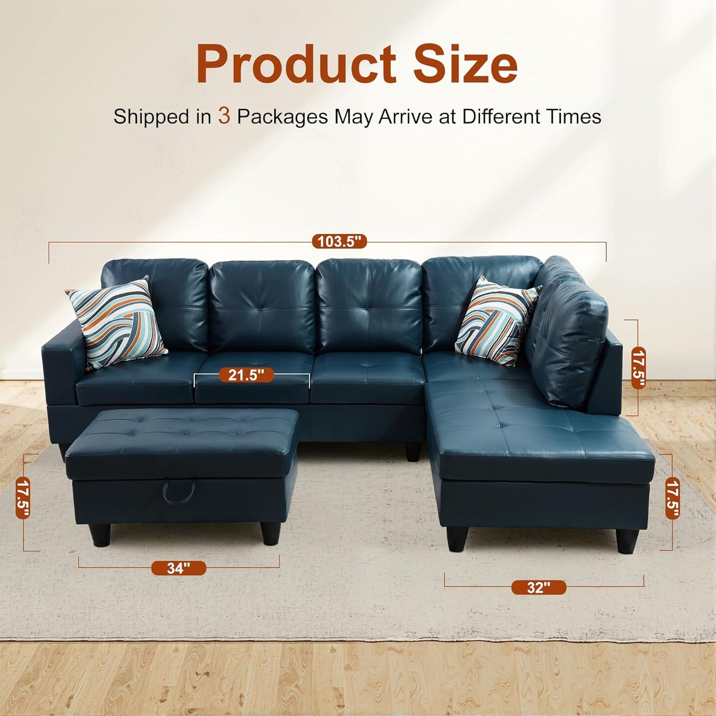 Osparple Sectional Couch PU Leather L Shaped Couch 3 Pieces Modular Sectional Sofa with Storage Ottoman for Living Room and Small Apartment, Peacock Blue