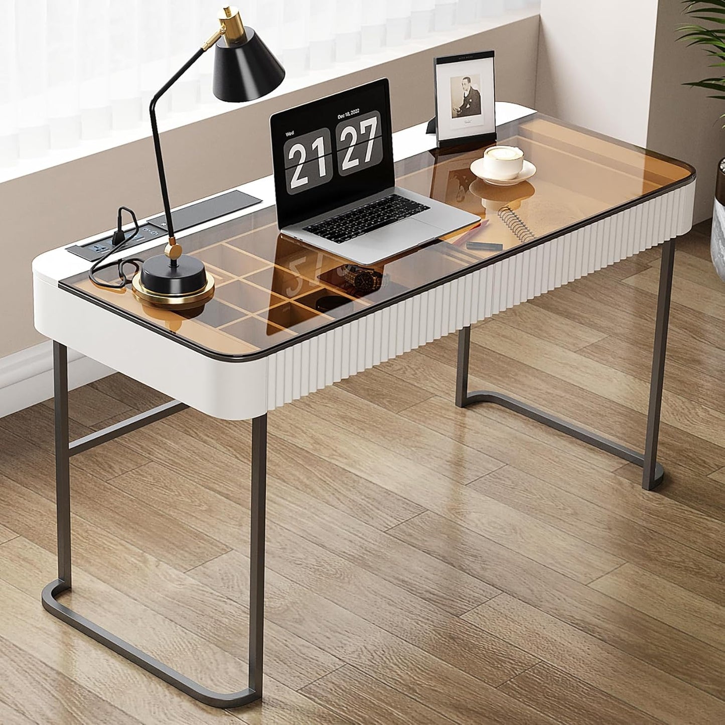 Lartis Office Desk with Drawer - Writing Desk with Intelligent Socket Computer Desk with USB Port Compartmentalized Storage for Home Office Working Gaming