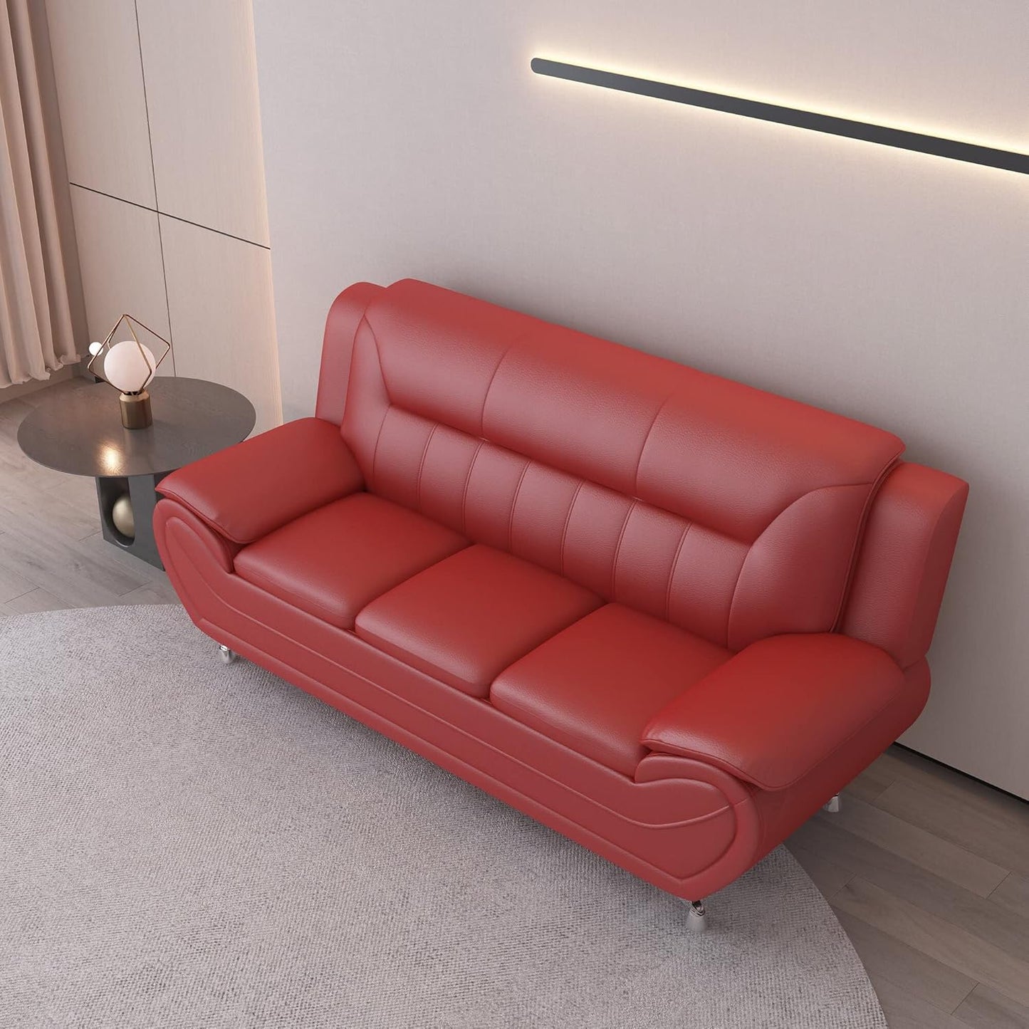 Container Furniture Direct Michael Modern Faux Leather Upholstered Stainless Steel Legs Living Room Sofa, Loveseat, Red