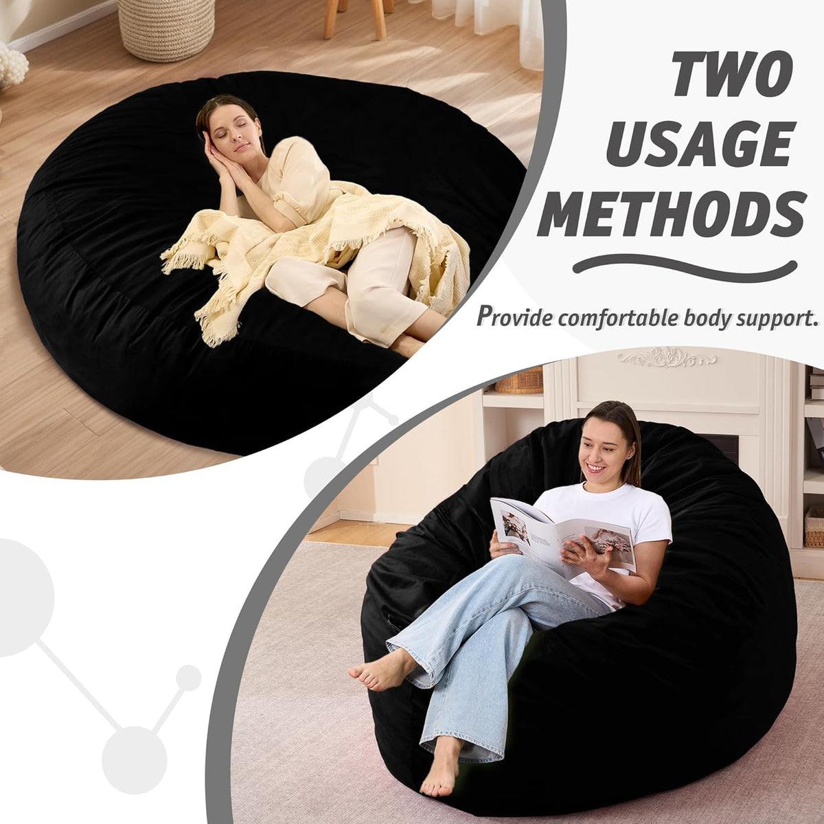7FT Bean Bag Chair with Ultra Soft Velvet Cover Bean Bag Sofa with Memory Foam Bean Bag Chairs with Large Size Lazy Sofa for Dorm Office Living Room Bedroom Black 7'